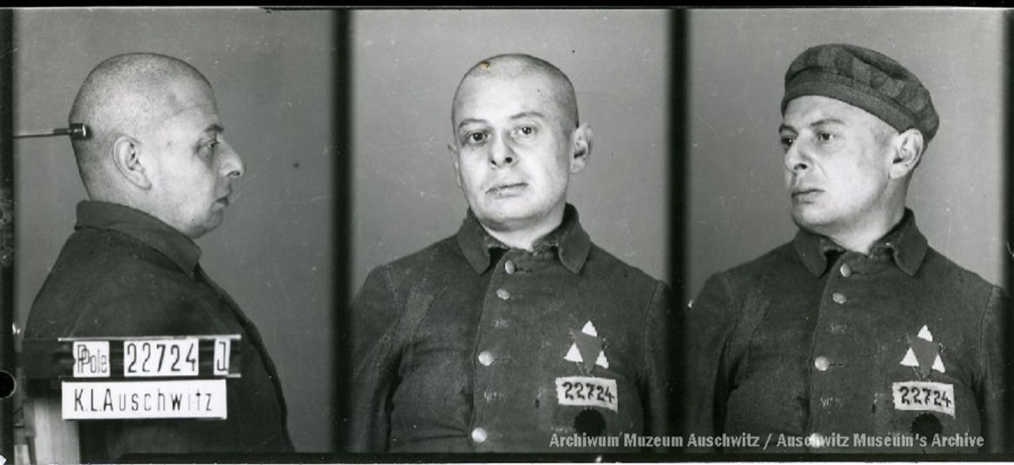 A mugshot registration photograph from Auschwitz. A man with shaved head wearing a striped uniform photographed in three positions (profile and front with bare head and a photo with slightly turned head with a hat on). The prisoner number is visible on a marking board on the left.
