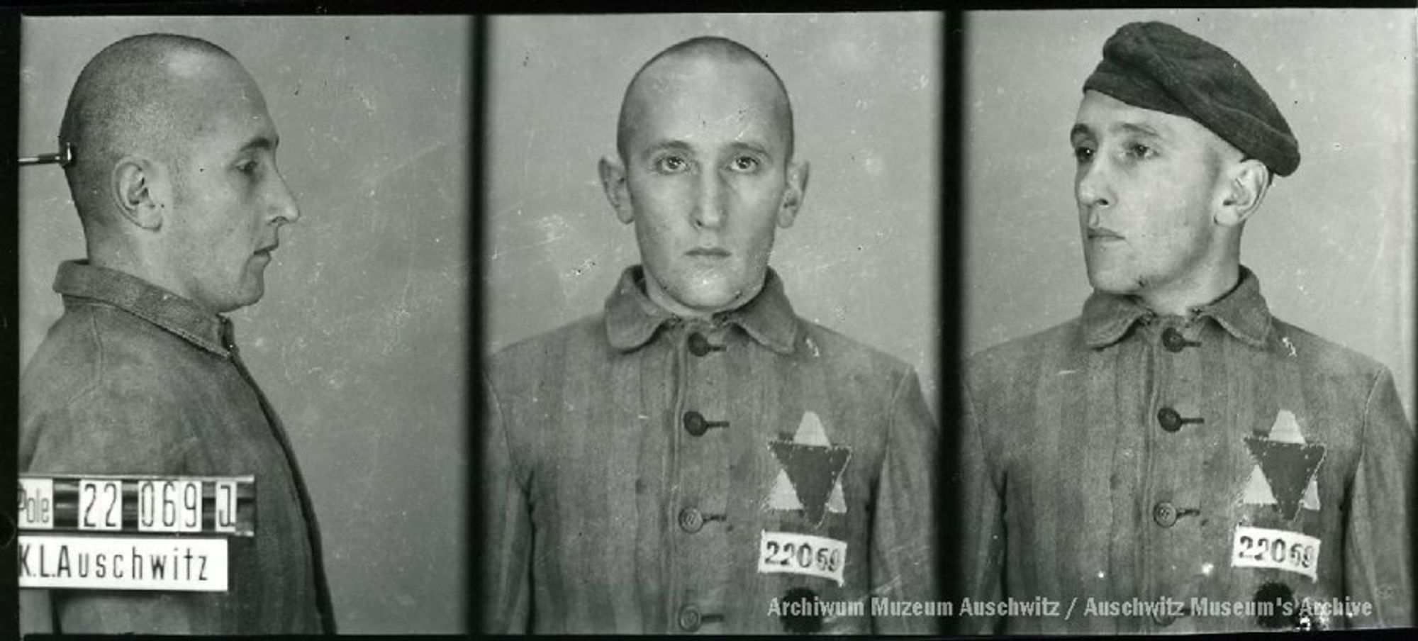 A mugshot registration photograph from Auschwitz. A man with shaved head wearing a striped uniform photographed in three positions (profile and front with bare head and a photo with slightly turned head with a hat on). The prisoner number is visible on a marking board on the left.
