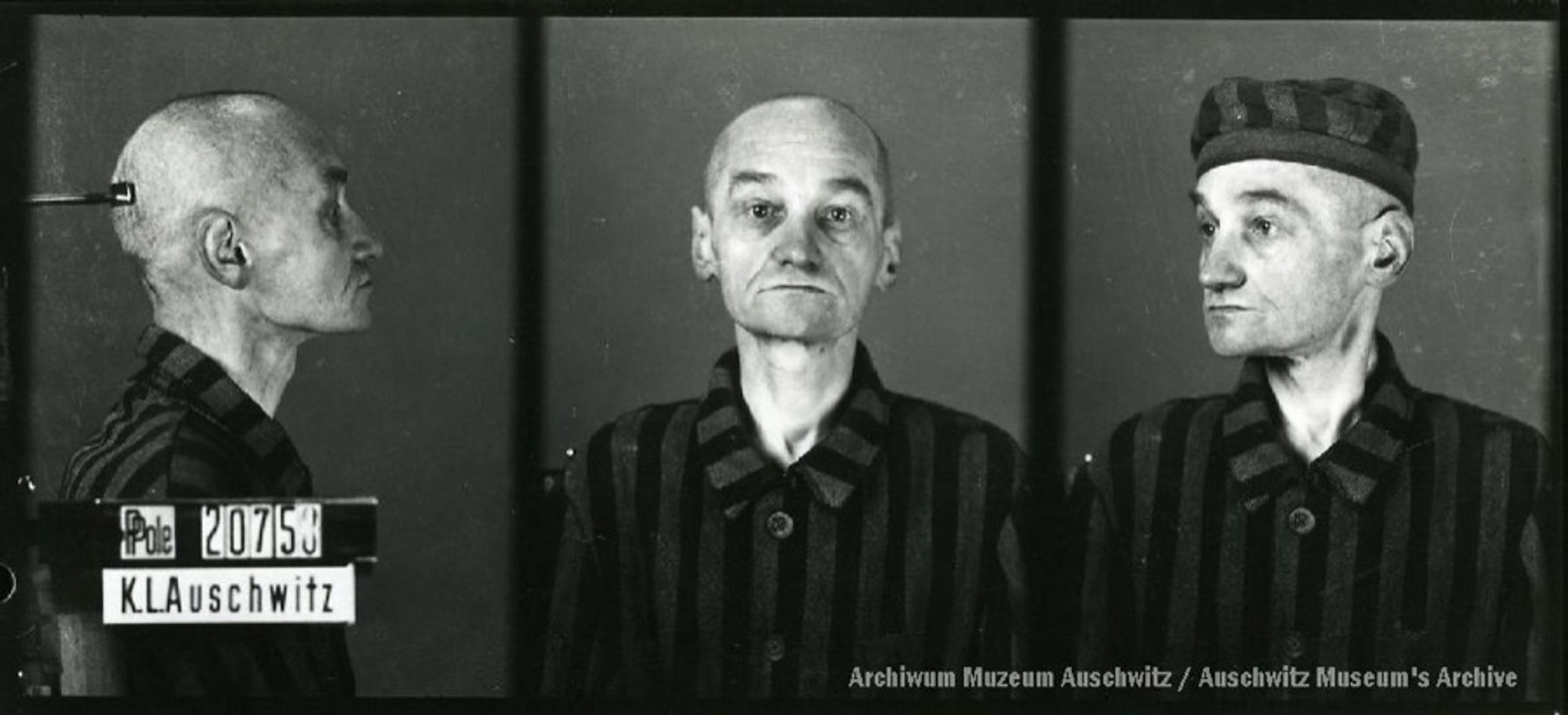 A mugshot registration photograph from Auschwitz. A man with a shaved head wearing a striped uniform photographed in three positions (profile and front with bare head and a photo with a slightly turned head with a hat on). The prisoner number is visible on a marking board on the left.