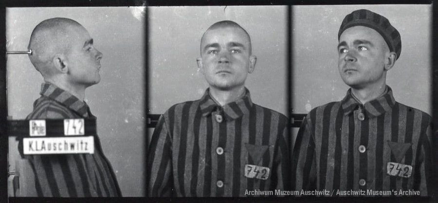 A mugshot registration photograph from Auschwitz. A man with a shaved head wearing a striped uniform photographed in three positions (profile and front with bare head and a photo with a slightly turned head with a hat on). The prisoner number is visible on a marking board on the left.