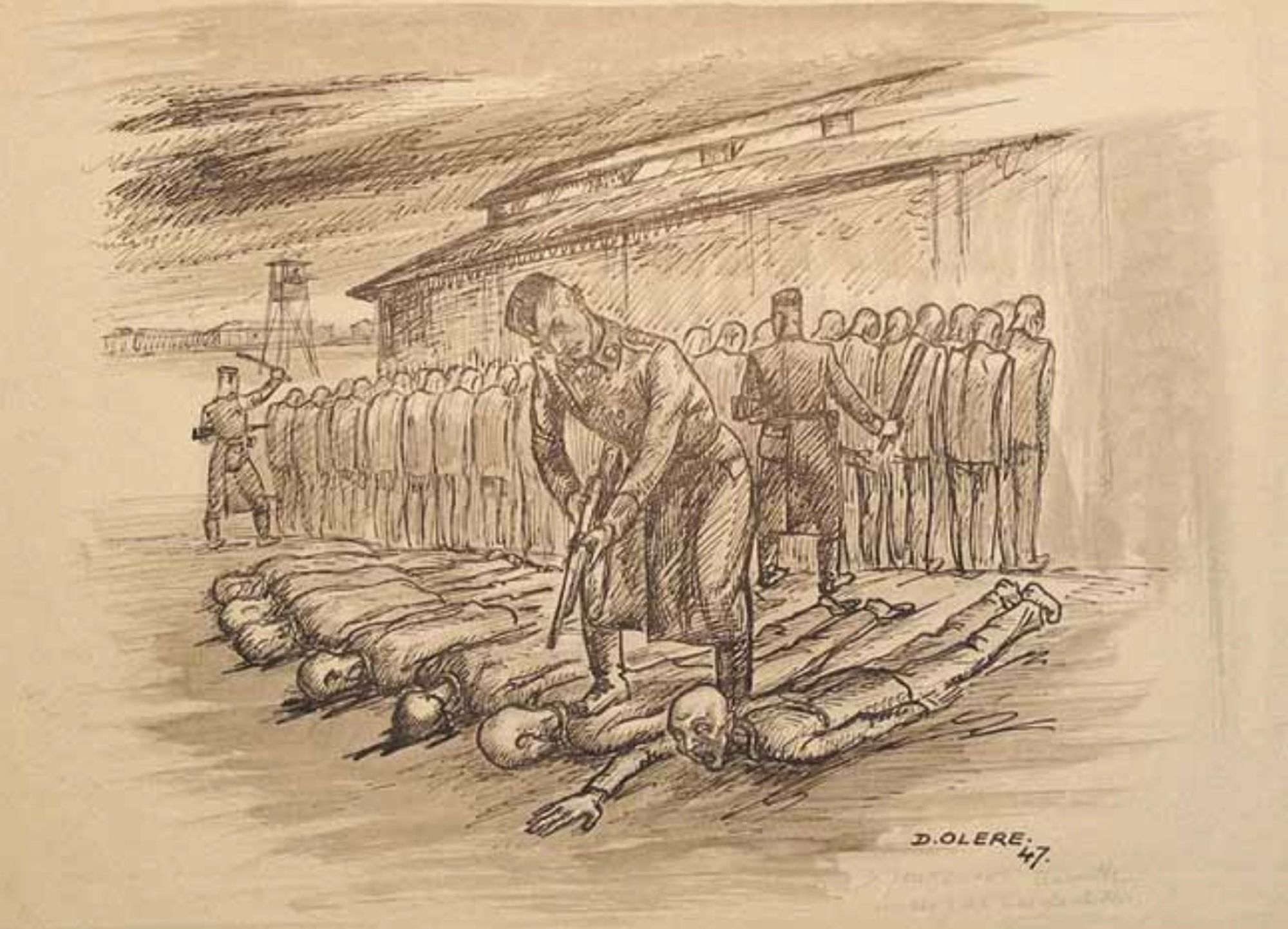 Artwork by David Olère from 1947 depicting an execution of Sonderkommando members at Auschwitz after the revolt on 7 October 1944. One figure holding a gun over lifeless or near-lifeless bodies while others stand in a line, guarded by soldiers. 

David Olère was an artist and Holocaust survivor who depicted his experiences in the German Nazi concentration camp Auschwitz. His works are invaluable for providing visual testimony to the horrors witnessed during the Holocaust.