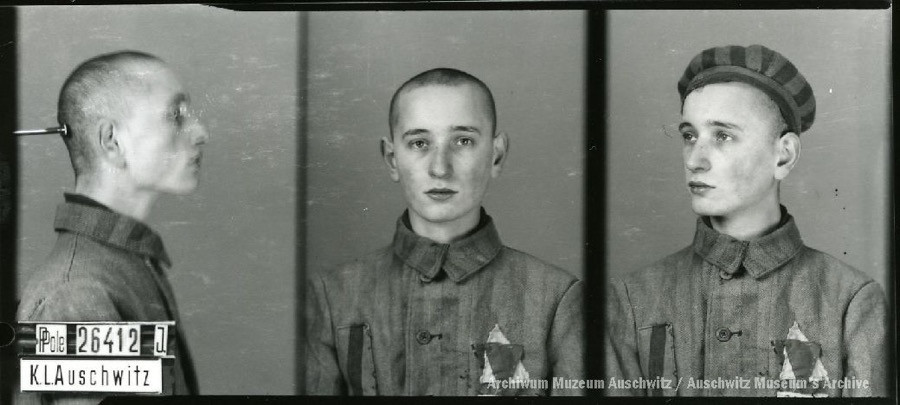 A mugshot registration photograph from Auschwitz. A man with a shaved head wearing a striped uniform photographed in three positions (profile and front with bare head and a photo with a slightly turned head with a hat on). The prisoner number is visible on a marking board on the left.