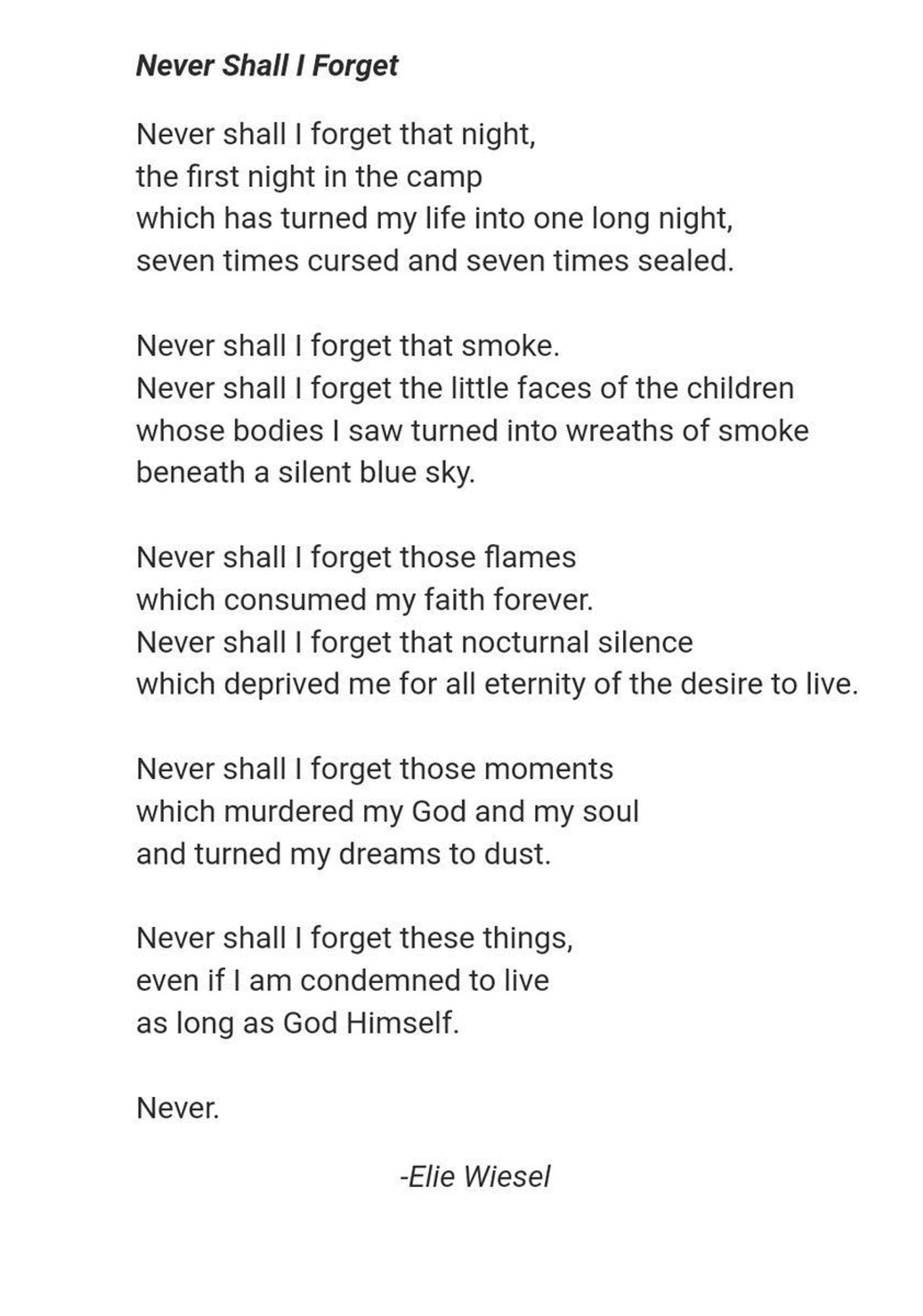 Image of a poem titled "Never Shall I Forget" by Elie Wiesel, presented on a simple white background with black text. The poem reflects on painful memories and vows never to forget them.