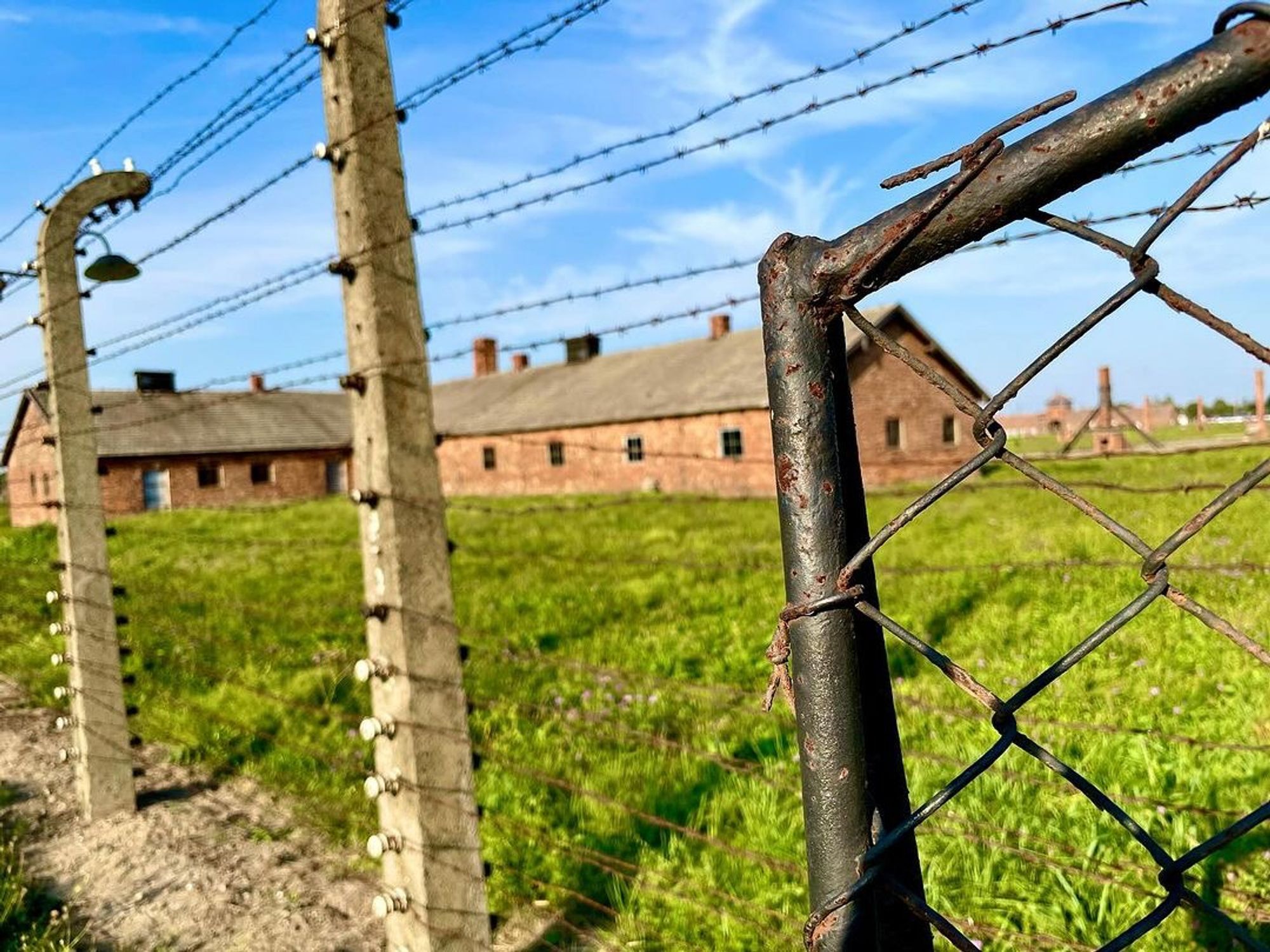 A section of a barbed-wire fence with concrete posts, set against a background of green grass and brick building - the site of the former Auschwitz II-Birkenau site.