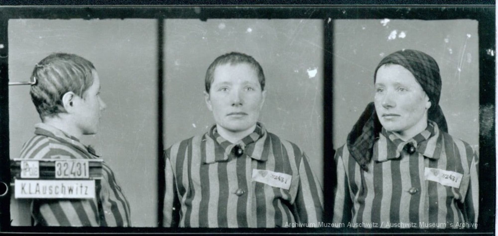 A mugshot registration photograph from Auschwitz. A woman wearing a striped uniform photographed in three positions (profile and front with a bare head and a photo with a slightly turned head with a headscarf on). The prisoner number is visible on a marking board on the left.