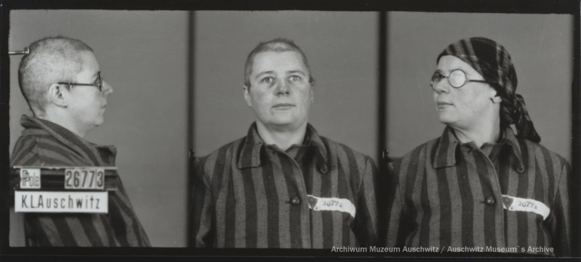 A mugshot registration photograph from Auschwitz. A woman wearing a striped uniform photographed in three positions (profile and front with a bare head and a photo with a slightly turned head with a headscarf on). The prisoner number is visible on a marking board on the left.