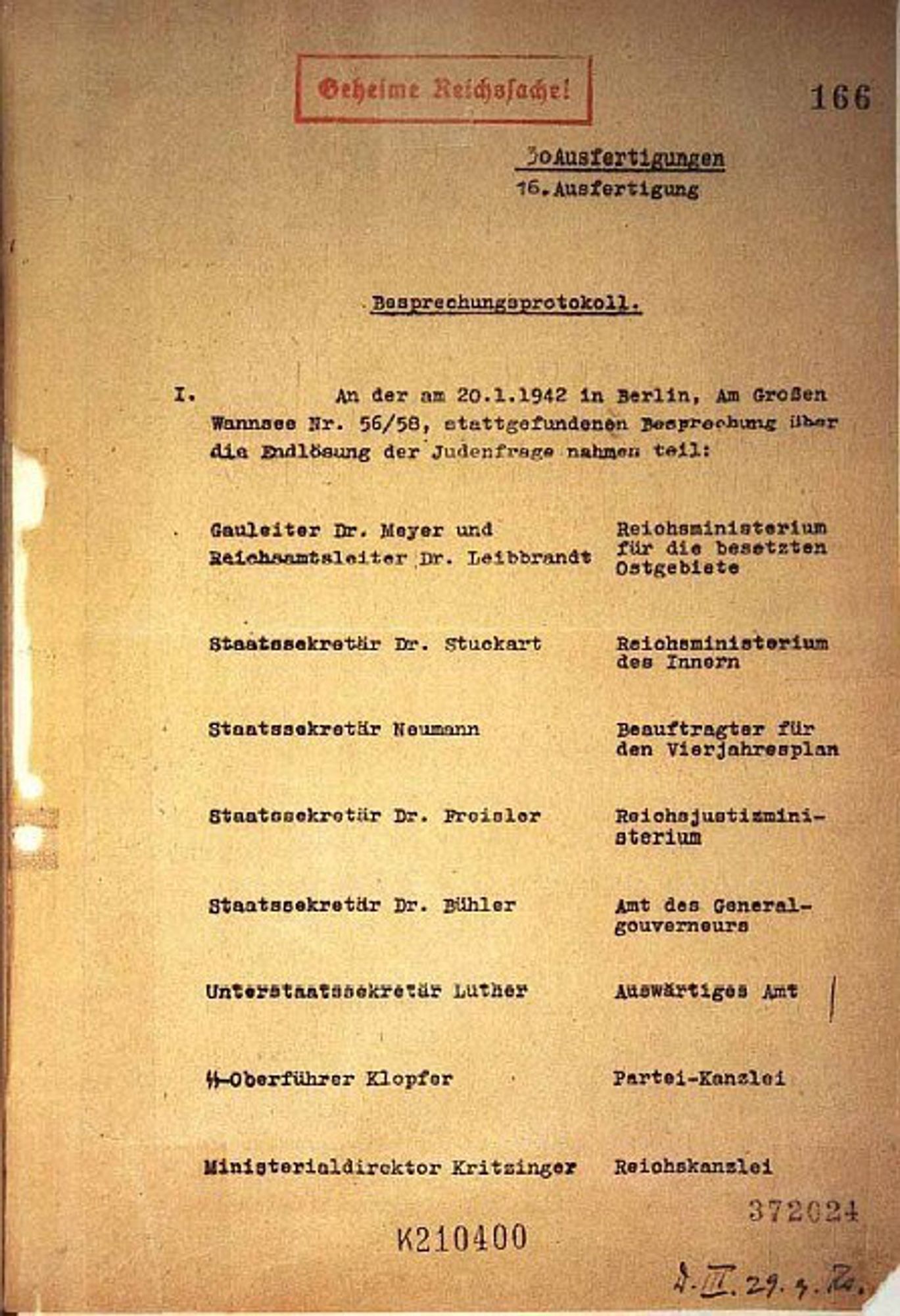 The first page of Wannsee conference protocole listing several of participants.