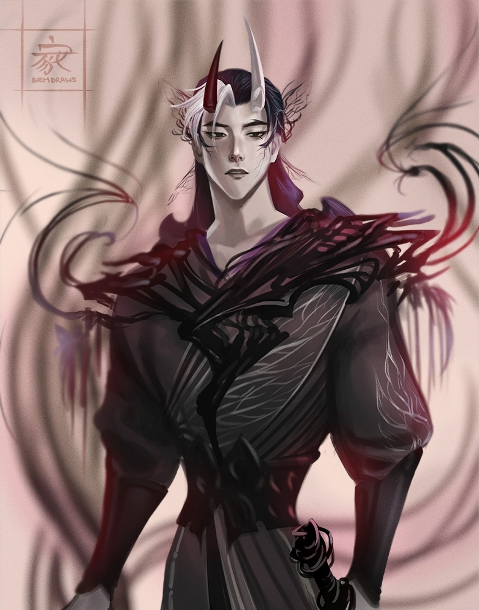 A digital painting of a male xianxia fantasy character. He's mostly grayscale monochrome with a reddish tint. He has two horns and long dark hair with a tuft of white bangs on one side. Organic armor piece sprawls his shoulders and chest, more decorative than protective.