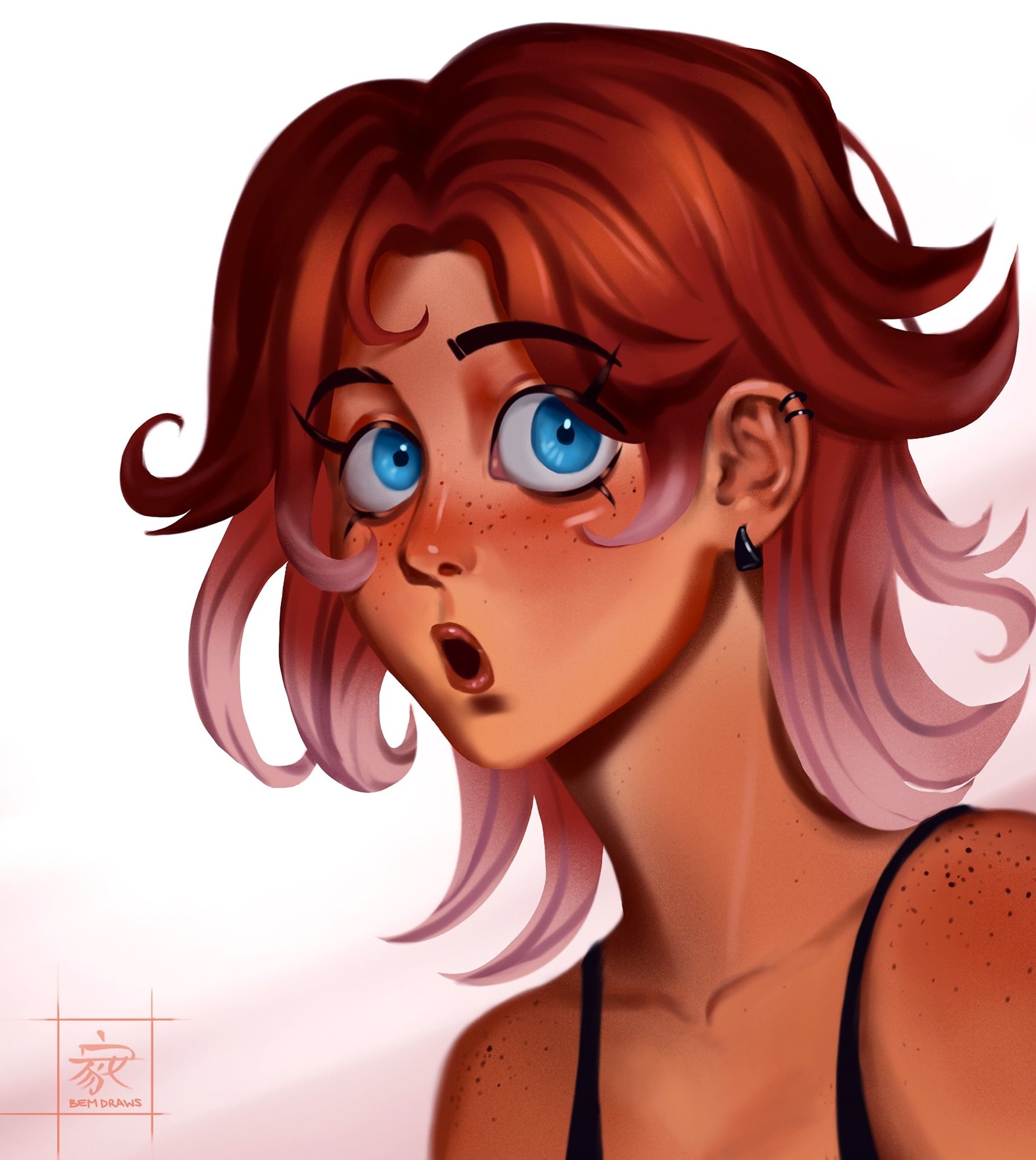 A stylized portrait of Rex depicts her with a surprised look, inspired by a panel in an old comic of her. She belongs to mafunikyu on artfight