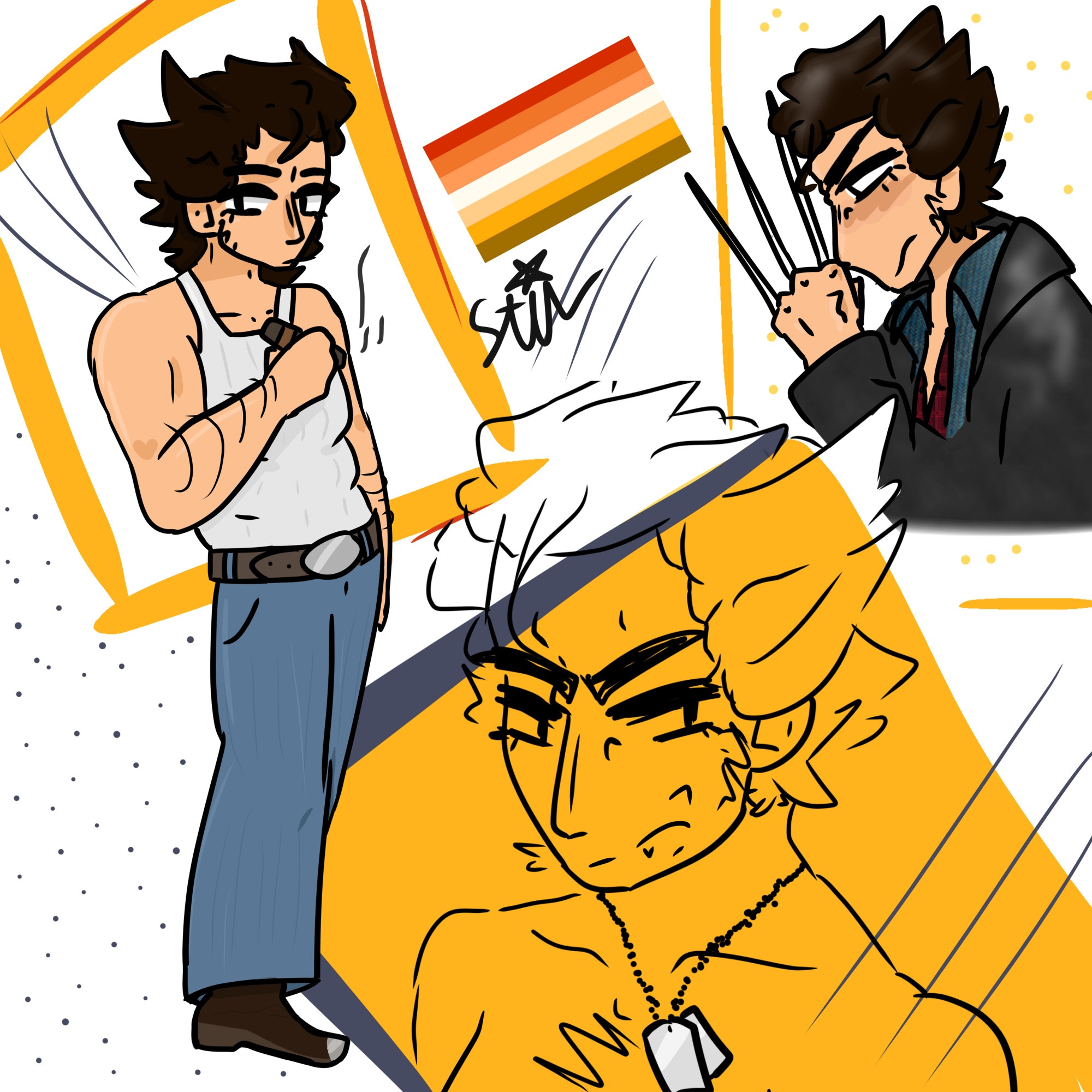 Three drawings of headcanoned butch lesbian wolverine who is literally the exact same as regular xmen 2000 wolverine but a woman LOL. The left is a full body of her holding a cigar in the wife beater jeans cowboy boots belt buckle combo, the middle is a shoulder up bust shirtless wit the dog tags, and the right is her in the one million snow layers and with claws. The drawing has yellow orange and blue spattered everywhere