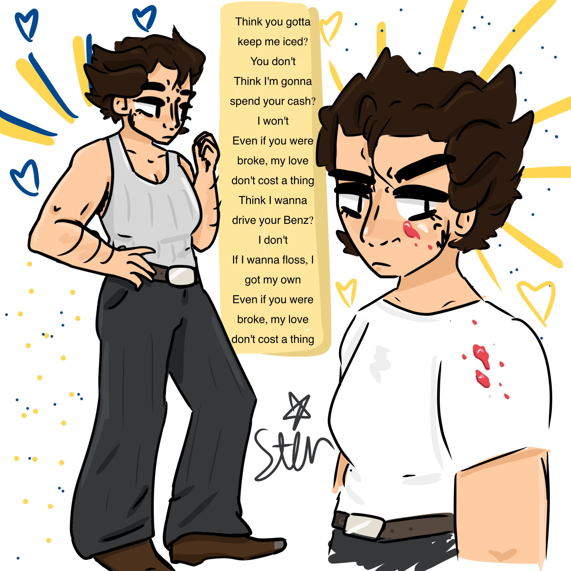 A digital drawing of two separate arts of butch wolverine. The left one has her stood looking to the right, wearing the gray white beater and jeans cowboy boots combo based off a screenshot, and the right has her in the white tshirt from the hips up with a small amount of blood sprayed on her. The drawing on the right  looks to the right as well. The drawing has lots of little doodles around it he characters in yellow and blue. In the center between them, the lyrics to Jennifer lopez’ Love Don’t Cost A Thing are typed up.