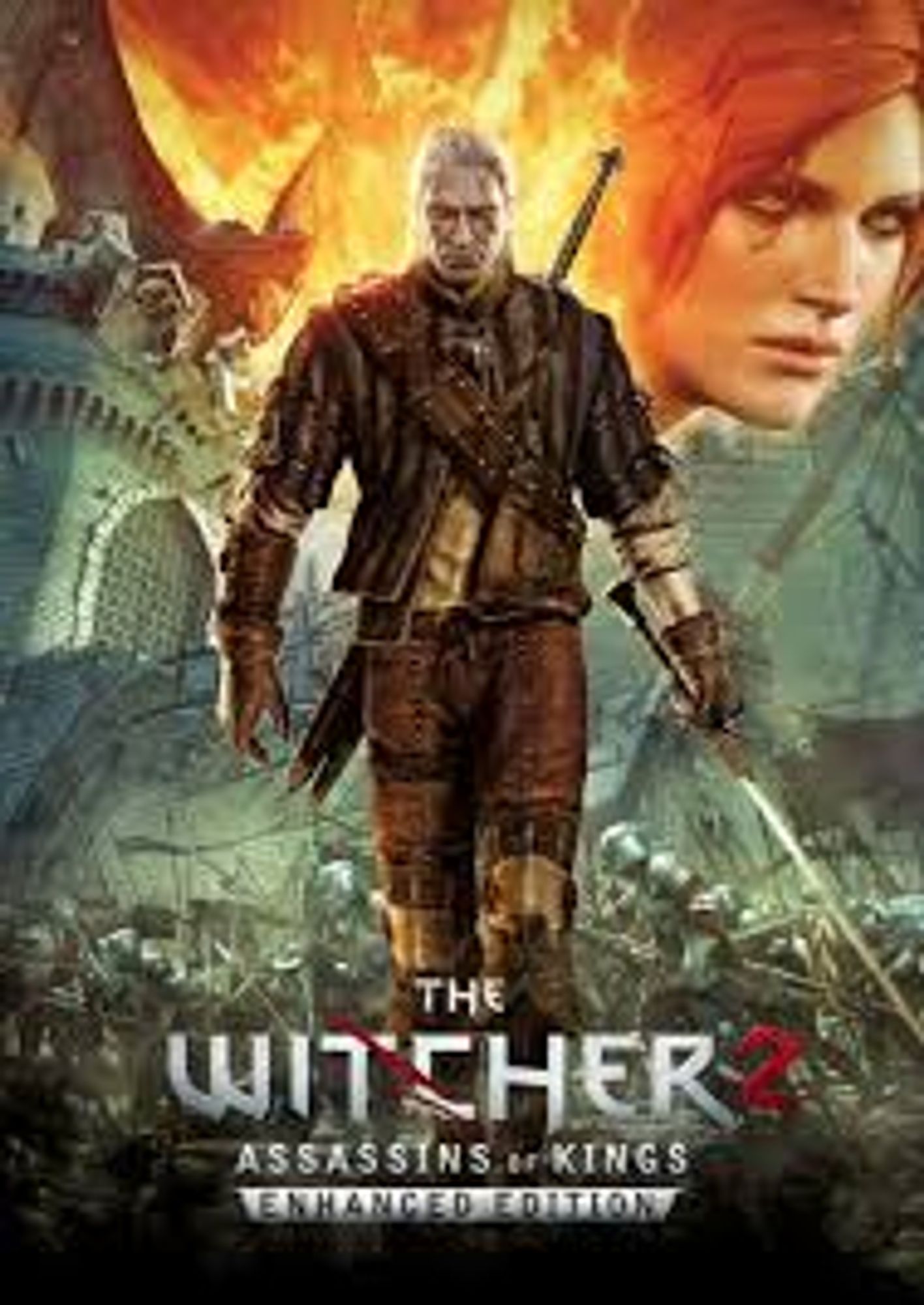 Cover for Witcher 2. With Geralt walking towards the viewer a sword in hand, a battle in the background as well as Triss Merrigold's head and a dragon spewing fire.