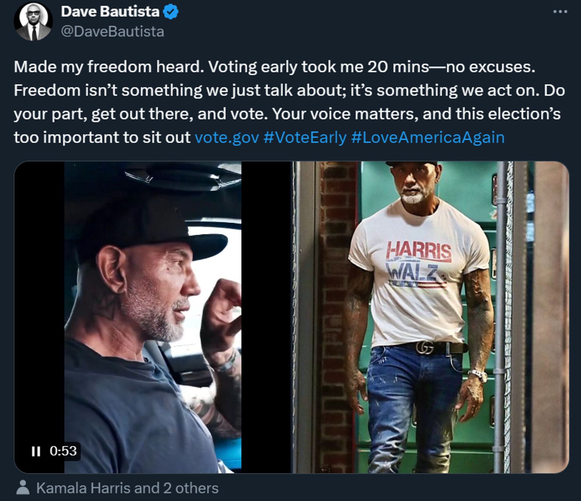 Dave Bautista mit einem Harris/Walz-Shirt wirbt, dass man wählen geht.