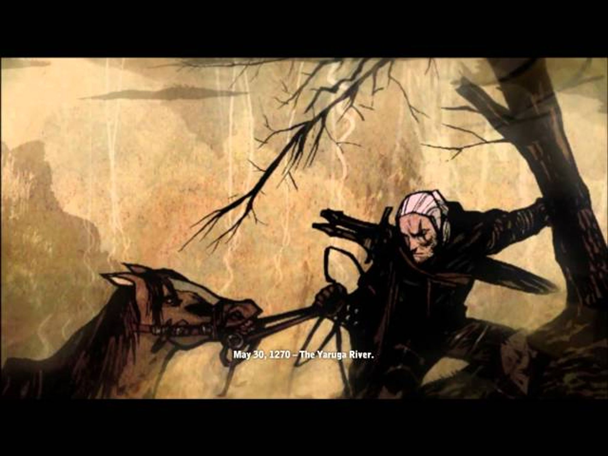 Geralt in a cut scene holding on to a tree and pulling his horse Roach up a hill.