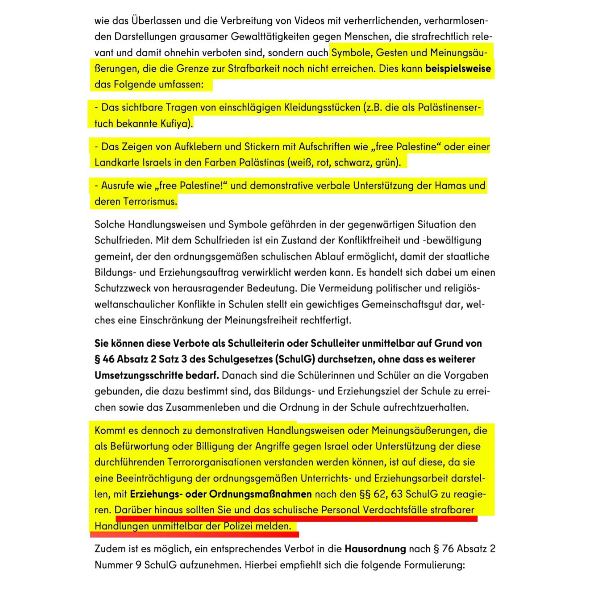 The second page of the letter, which clarifies which acts are viewed as objectionable: "Das sichtbare Tragen von einschlägigen Kleidungsstücken (z.B. die als Palästinensertuch bekannte Kufiya), das Zeigen von Aufklebern und Stickern mit Aufschriften wie "free Palestine" oder einer Landkarte Israels in den Farben Palästinas (weiß, rot, schwarz, grün), Ausrufe wie "free Palestine" und demonstrative verbale Unterstützung der Hamas und deren Terrorismus."