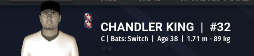 The current heading for Chandler King's player page. He is shown in a white shirt and black cap, which makes it clear he's a free agent, and his two All-Star appearances are noted. He's a catcher, a switch hitter, standing 1.71 meters tall (5'7") and 89 kilograms heavy (195 lbs), and he would prefer to wear #32.