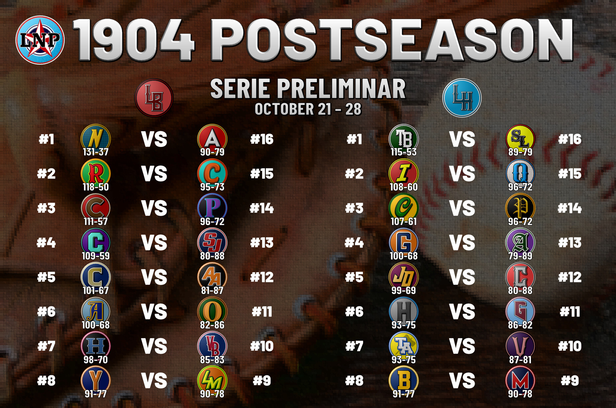 A slide showing the matchups for the Serie Preliminar, the first round of the 1904 Liga Nacional Puertorriqueña postseason.

Matchups for Liga Betances:
#1 Navegadores vs. #16 Lobos
#2 Cotorras vs. #15 Guabaleros
#3 Palomas vs. #14 Cuervos
#4 Murciélagos vs. #13 Metropolitanos
#5 Termales vs. #12 Arzobispos
#6 Telegrafistas vs. #11 Caciques
#7 Romeros vs. #10 Cañeros
#8 Corsos vs. #9 Cítricos

For Liga Hostos:
#1 Jinetes vs. #16 Leyends
#2 Quesiteros vs. #15 Corsarios
#3 Mofongueros vs. #14 Señores
#4 Taínos vs. #13 Santos
#5 Reyes vs. #12 Cornúpetas
#6 Milagrosos vs. #11 Amigos
#7 Macabeos vs. #10 Esqueletos
#8 Marineros vs. #9 Capitanes