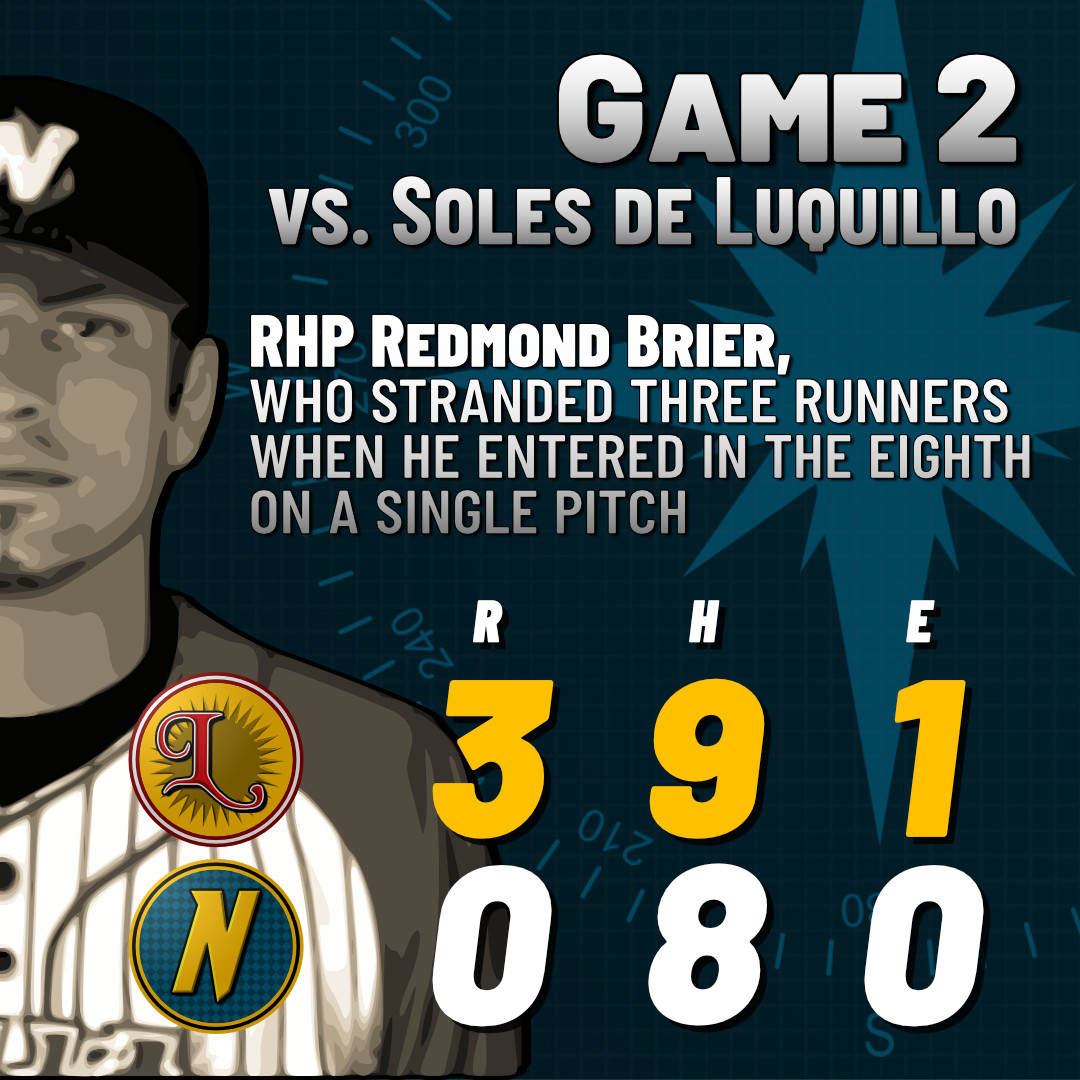 A square slide for Game 2 of the Primaverales, the Navegadores de Naguabo vs. the Soles de Luquillo. The Soles shut the Naves out 3-0, with 9 hits to Naguabo's 8 and an error to Naguabo's zero.

The slide is adorned by half a face of RHP Redmond Brier, who entered the eighth inning with the bases loaded and promptly stranded them on his first pitch.