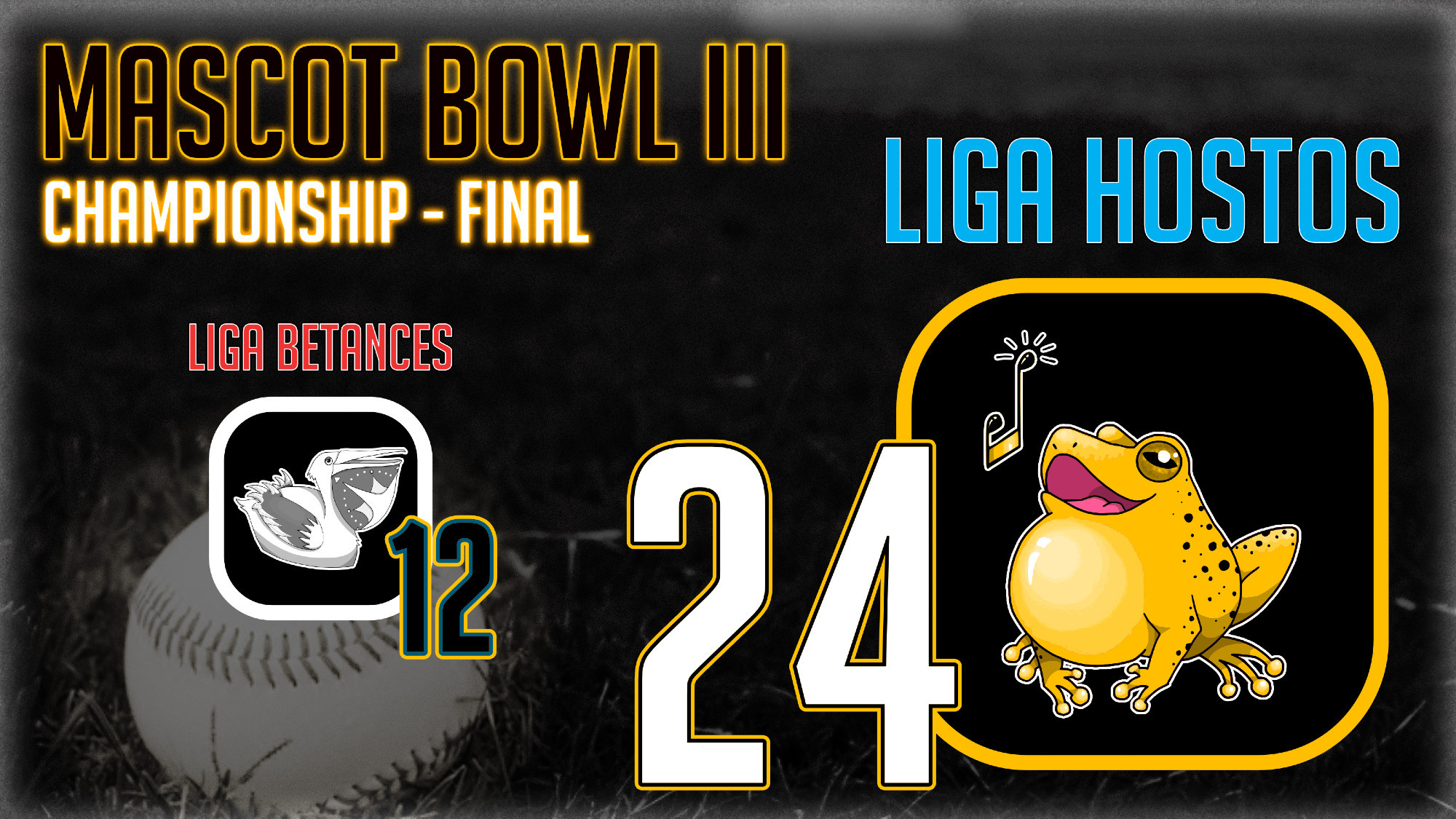 Slide showing that Queraniego, the singing tree frog, has beaten Nortimón, the competent pelican, 24-12 for the Mascot Bowl III championship!