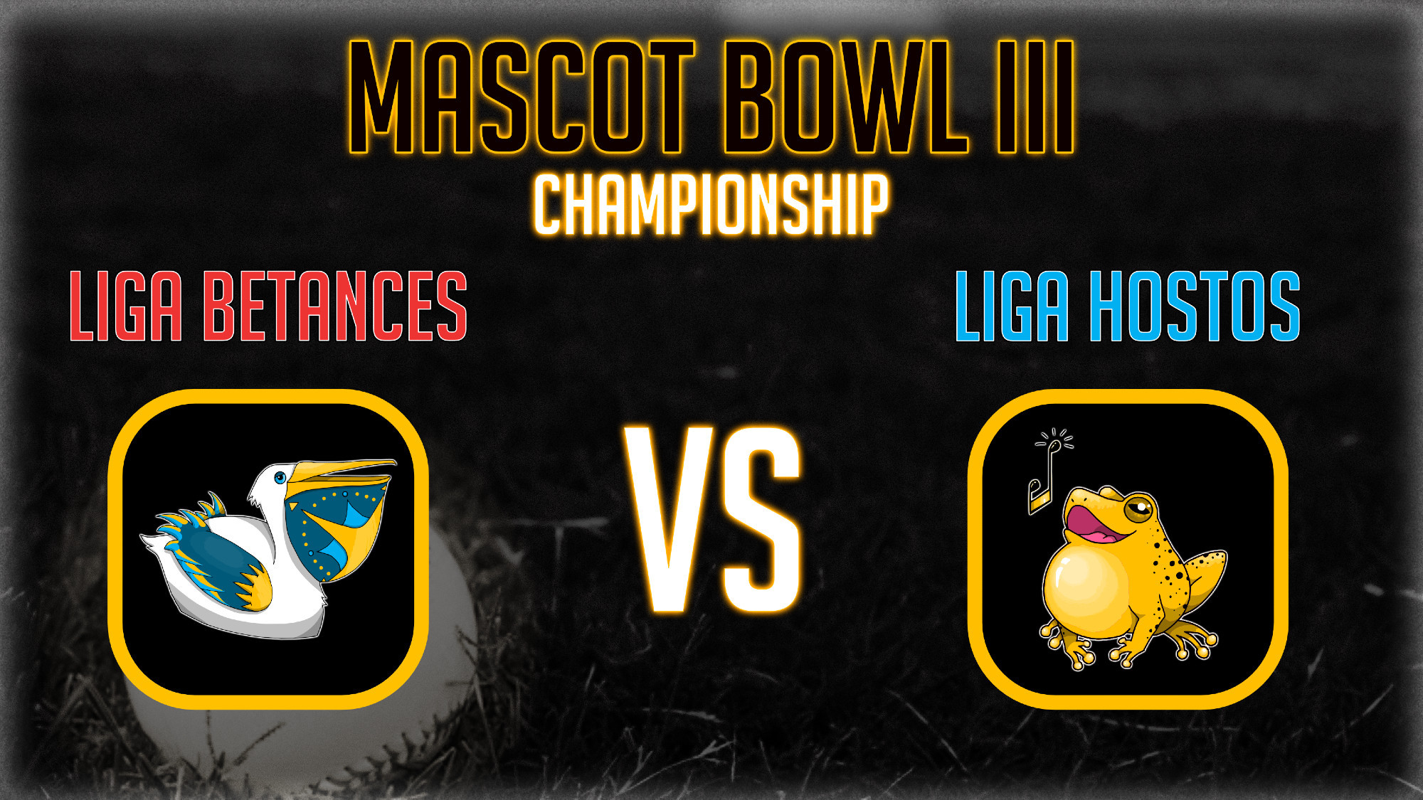 Ad showing the final two mascots in the Mascot Bowl.

Liga Betances has Nortimón, the competent white pelican decorated with a compass rose on his pouch and naval-officer-like epaulets on his sapphire wings.

Liga Hostos has the golden singing coquí known as Queraniego.