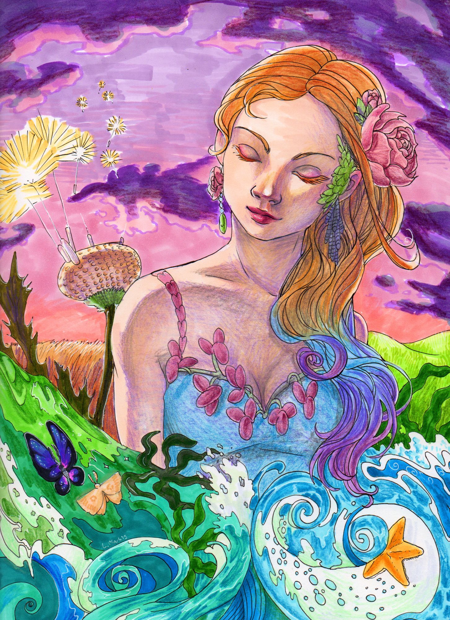 ocean to ocean - a young woman with some psychidelic swirly ocean and landscapes around her