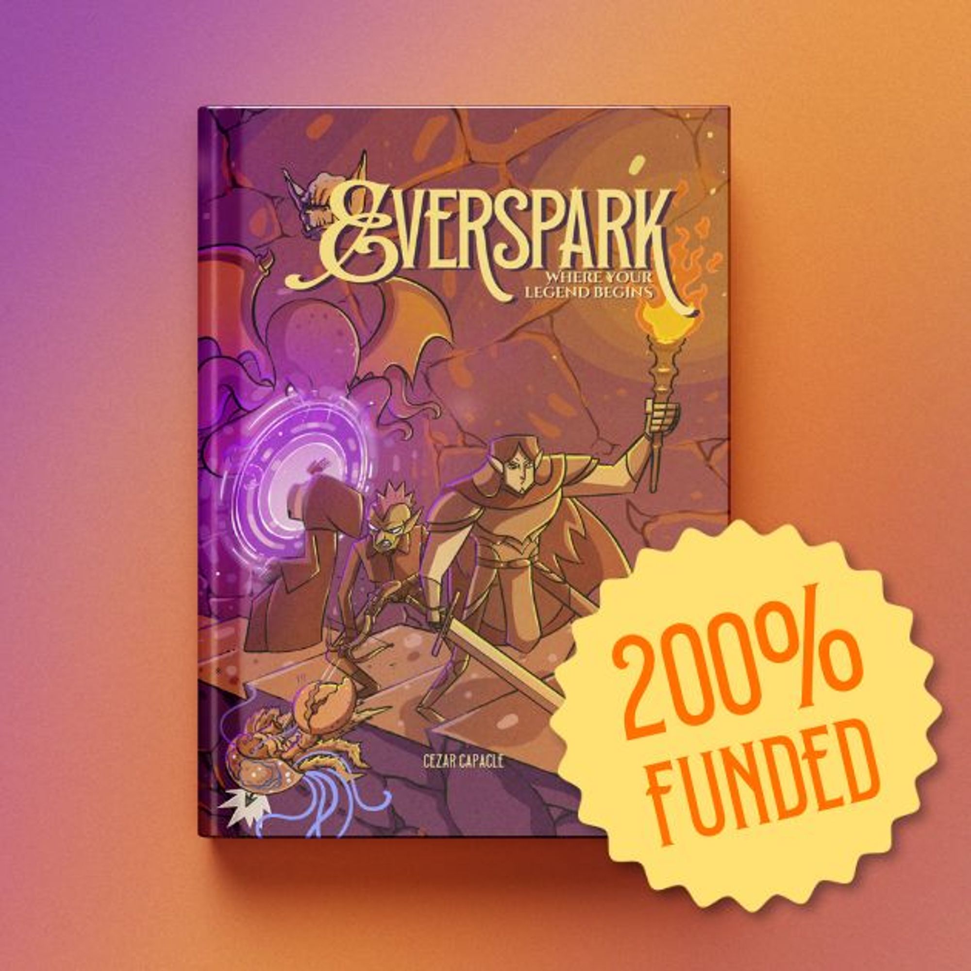 Mockup of a cover for the book Everspark with a seal that reads 200% funded