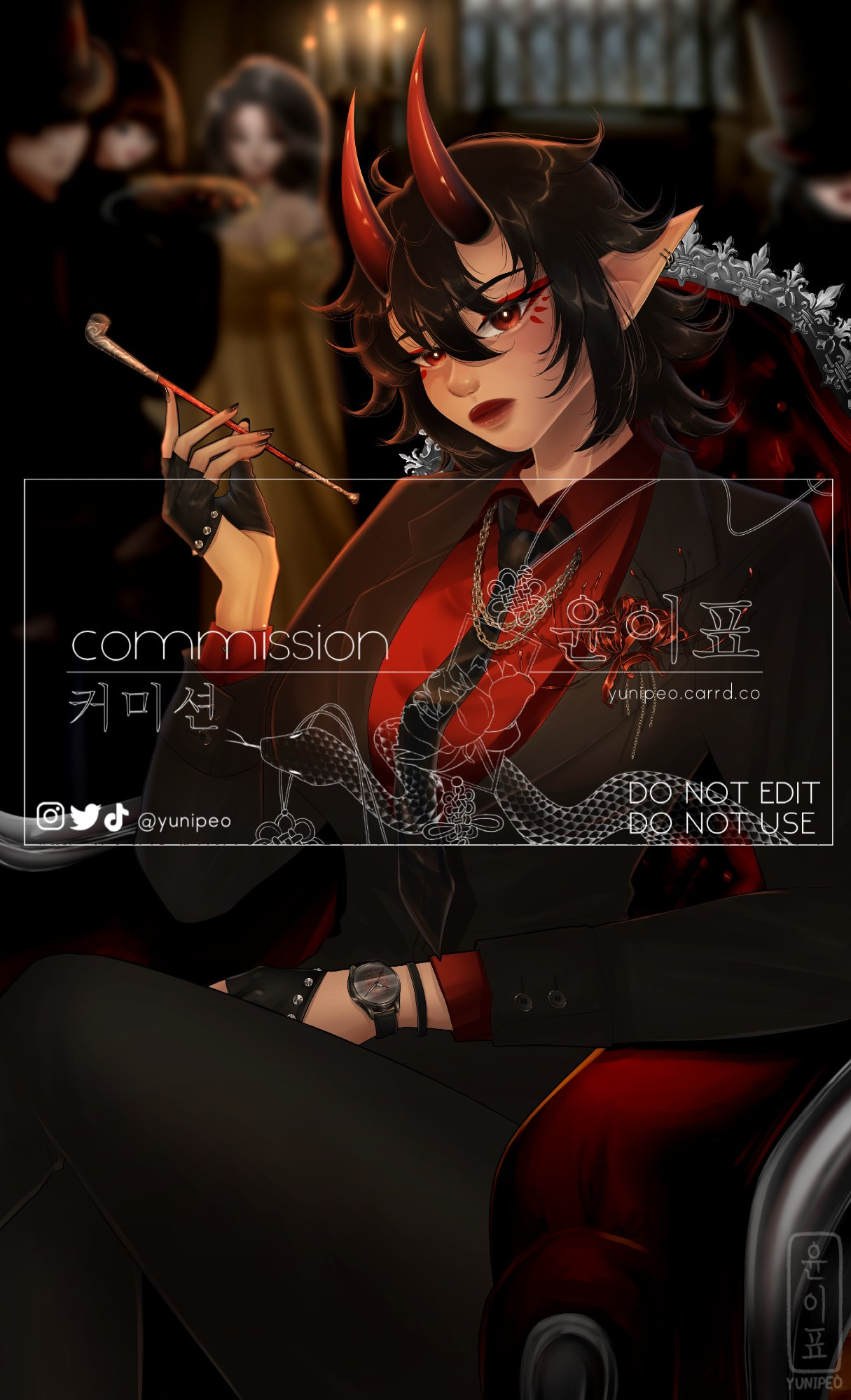 art commission- oni girl (black layered medium hair with red-black gradient horns) sitting on a fancy shamcy chair, holding a pipe in a ballroom type setting