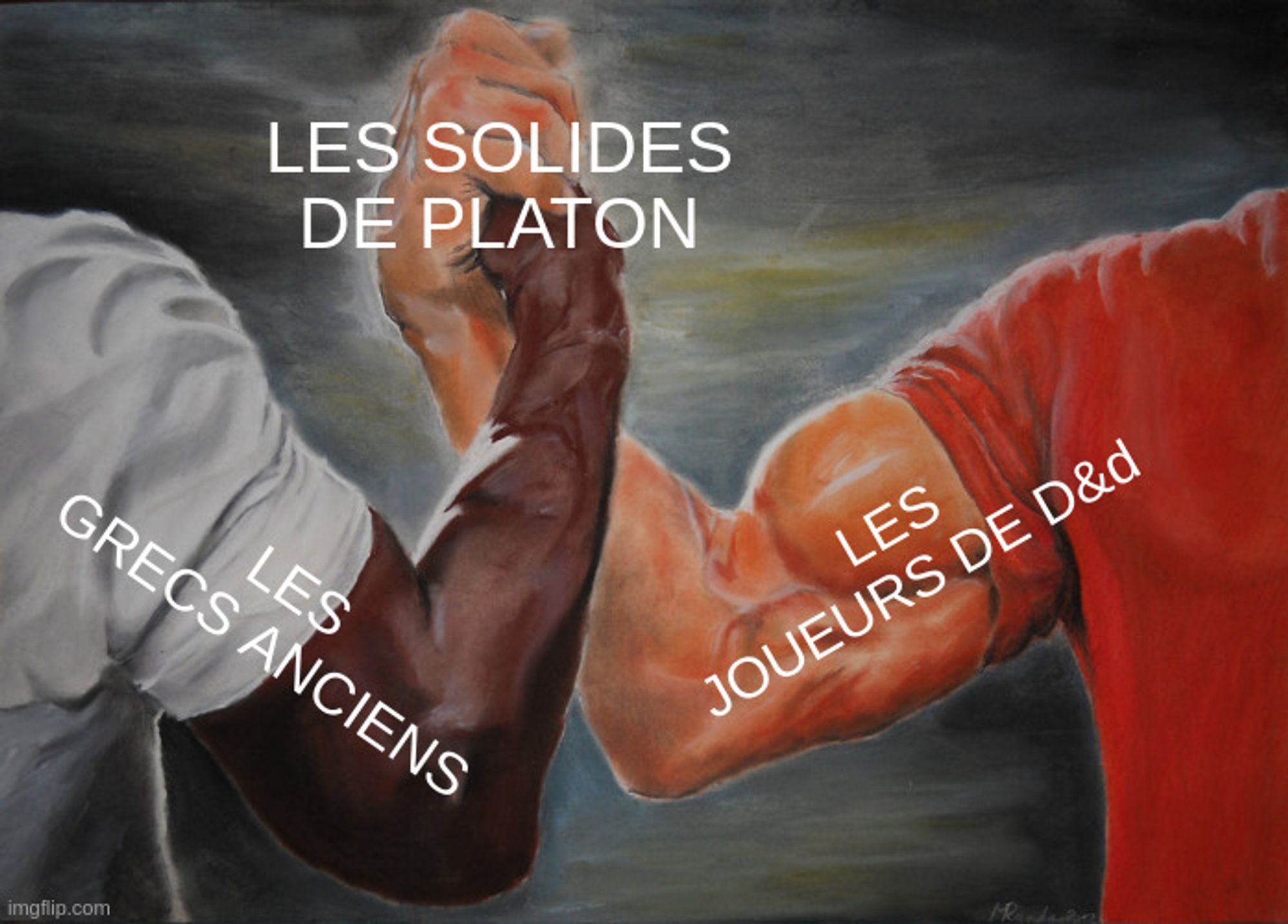 Meme epic handshake avec d'un côté les grecs anciens, de l'autres les joueurs de D&D, et sur la poignée de main les solides de platon