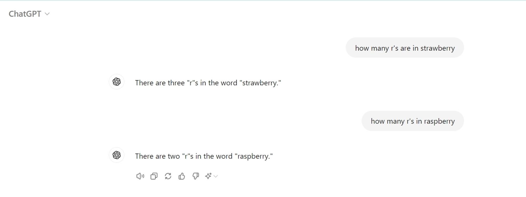 Screen shot of ChatGPT answering how many R's in strawberry.