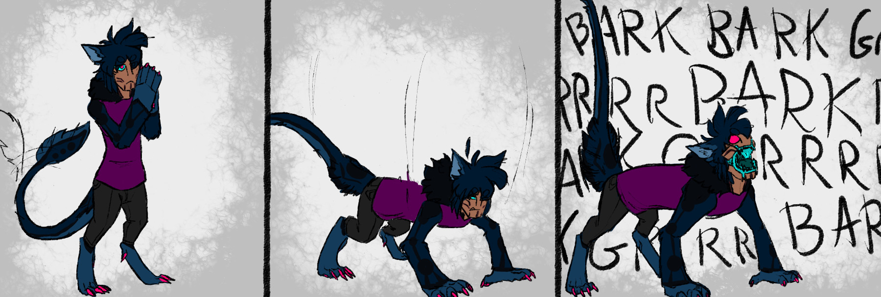 Blue furry dragon boy barking