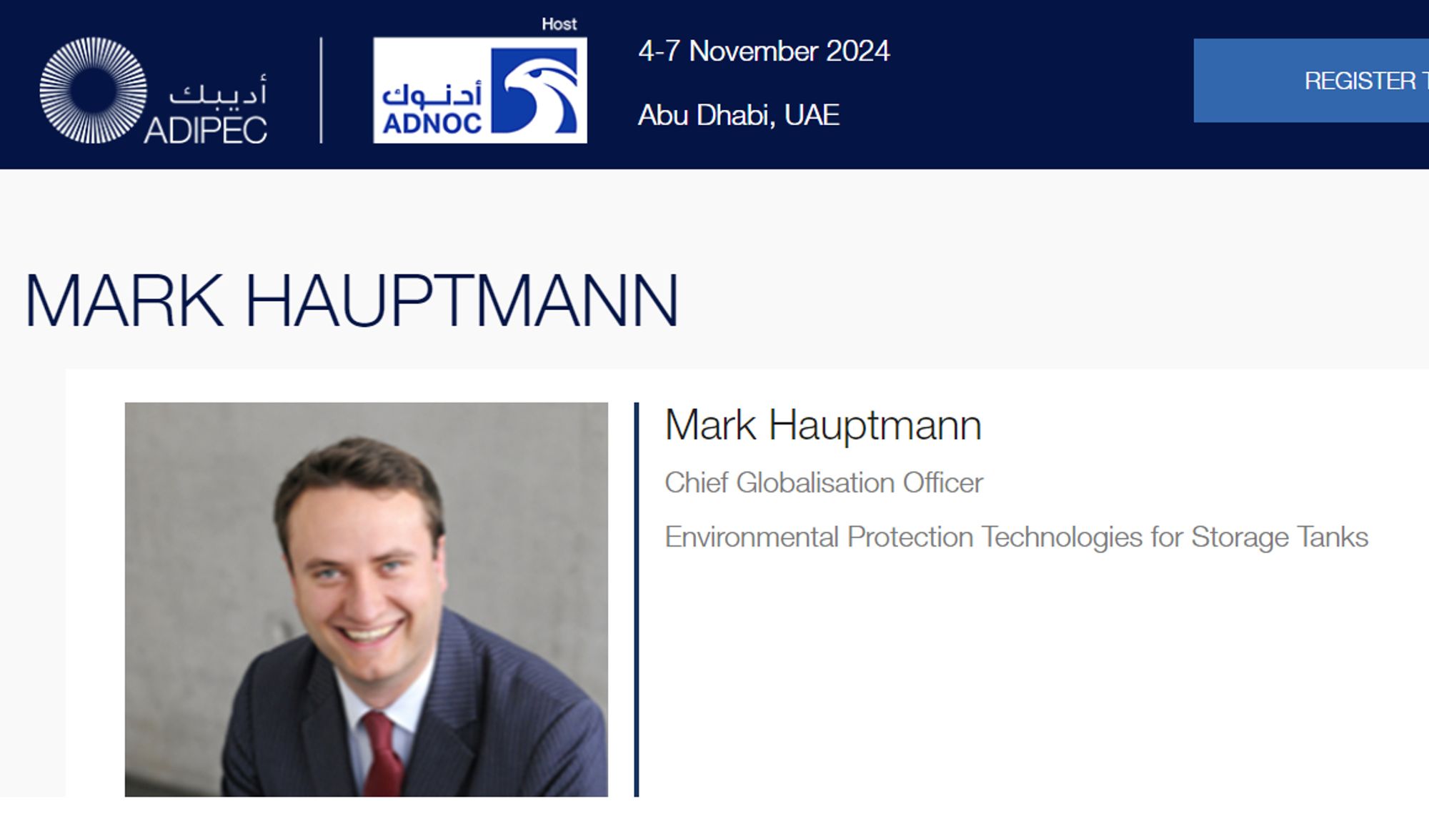 Screenshot von Konferenzwebsite in Abu Dhabi mit Foto von Mark Hauptmann und der Angabe "Chief Globalisation Officer, Environmental Protection Technologies for Storage Tanks"