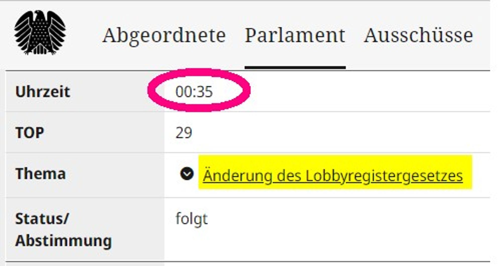 Screenshot der Tagesordnung des Bundestags mit dem Tagesordnungspunkt "Änderung des Lobbyregistergesetzes" und der Uhrzeit 0:35 Uhr.