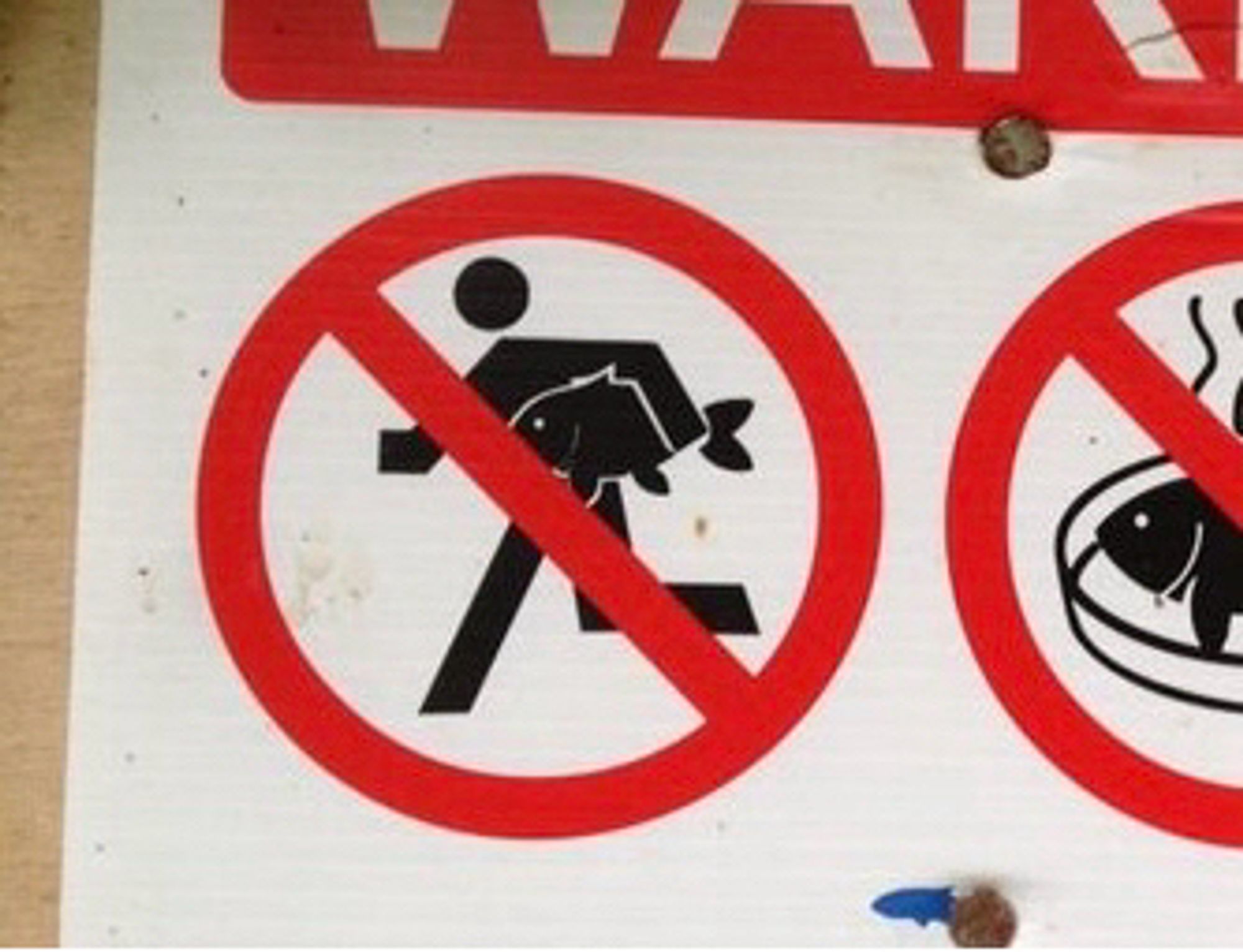 A “no” sign with a red circle and line through an outline of a person running with fish under their arm