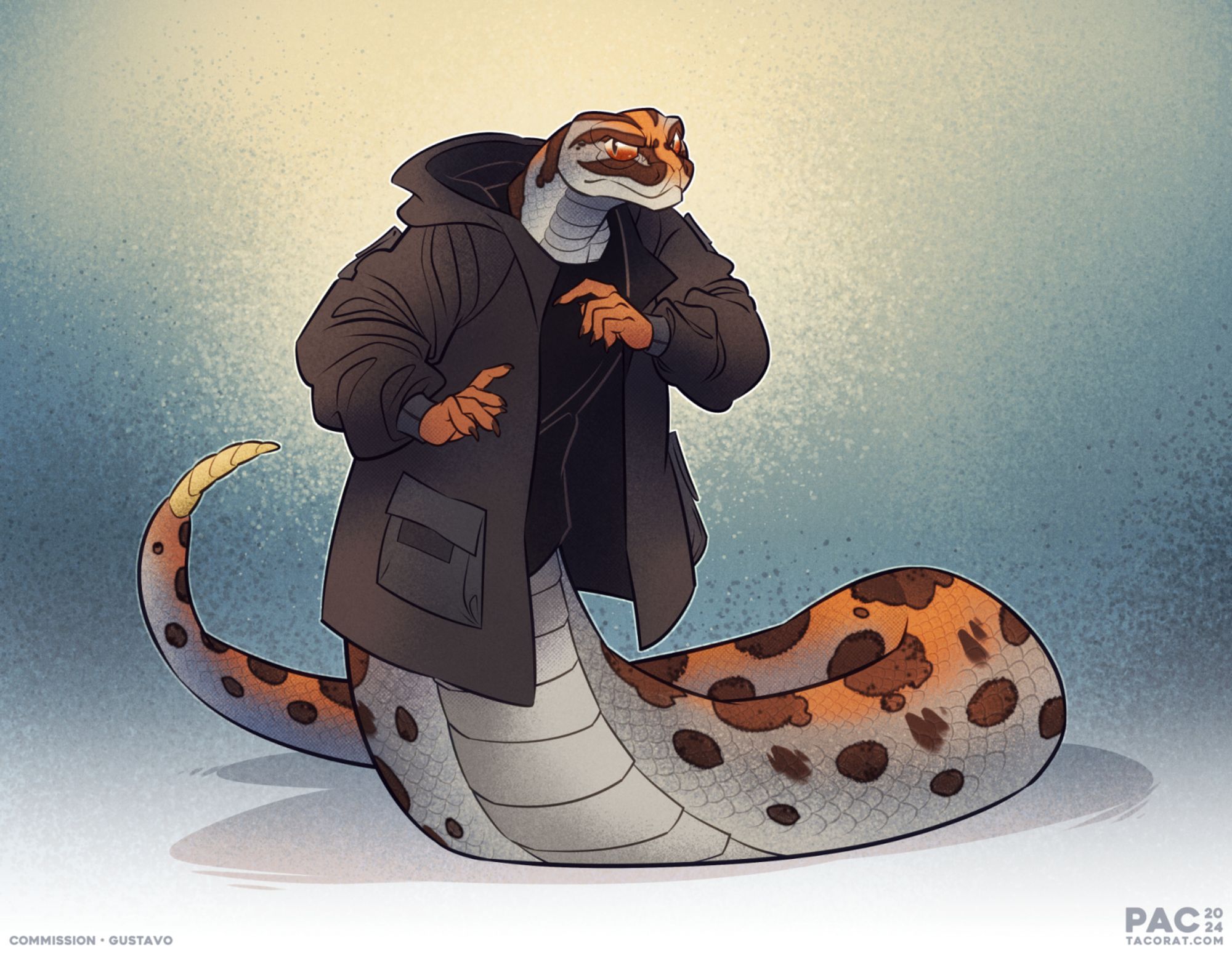 full-body flats commission for gustavo of an anthro naga snake in a large dark jacket