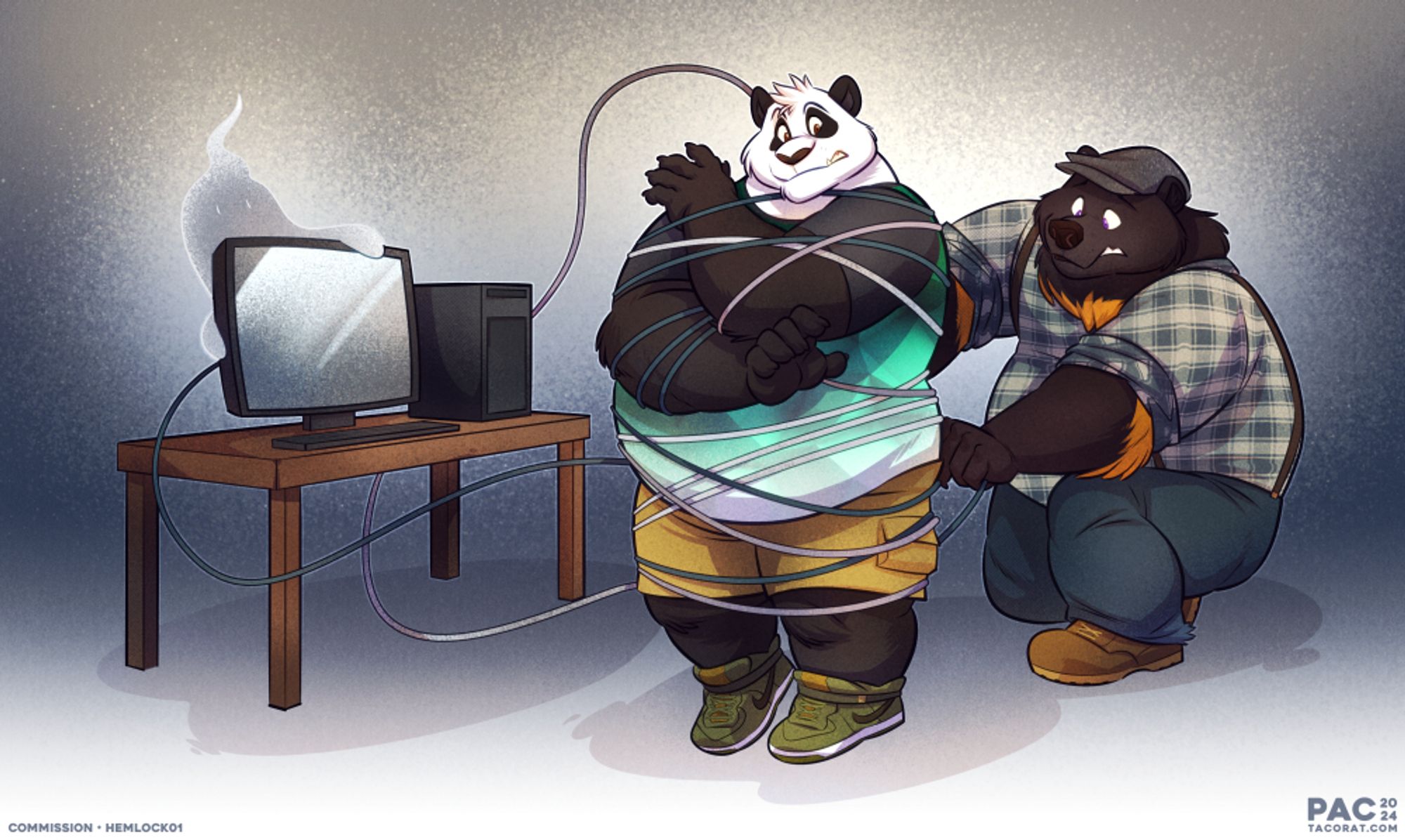 full-body basic pair commission for hemlock01 of a male panda bear anthro tangled in computer wire and a male black bear anthro trying to untie him. there is a computer desk with a ghost behind it.