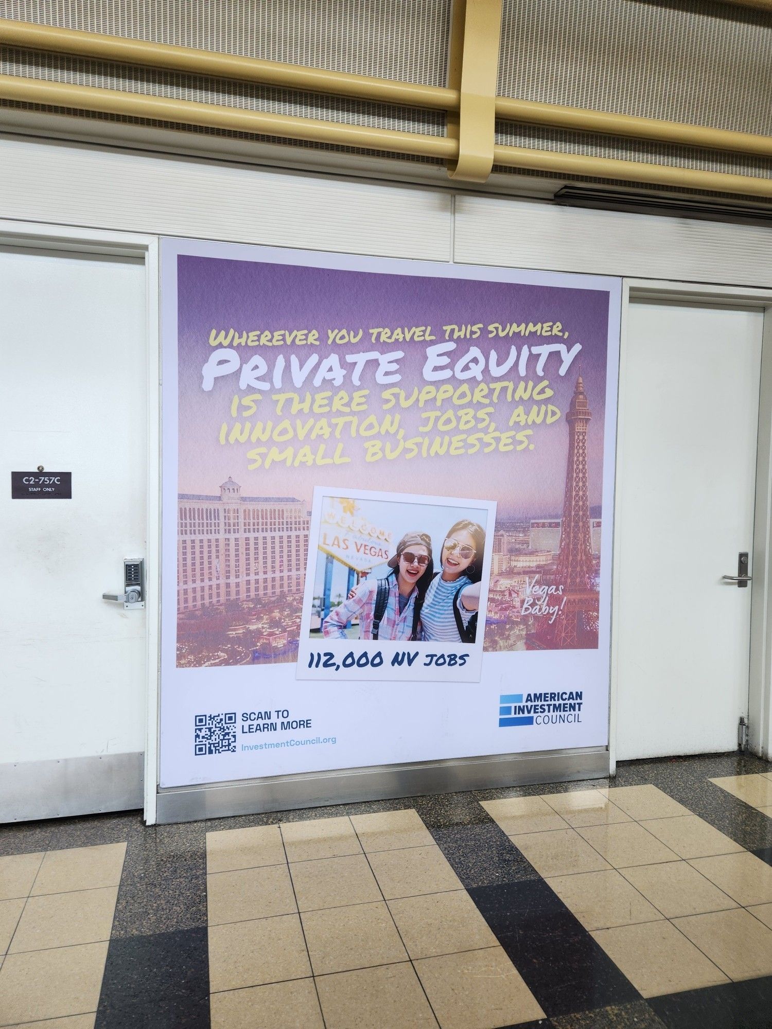 An airport ad that says, "WHEREVER YOU TRAVEL THIS SUMMER, PRIVATE EQUITY IS THERE SUPPORTING INNOVATION. JOBS, AND SMALL BUSINESSES."