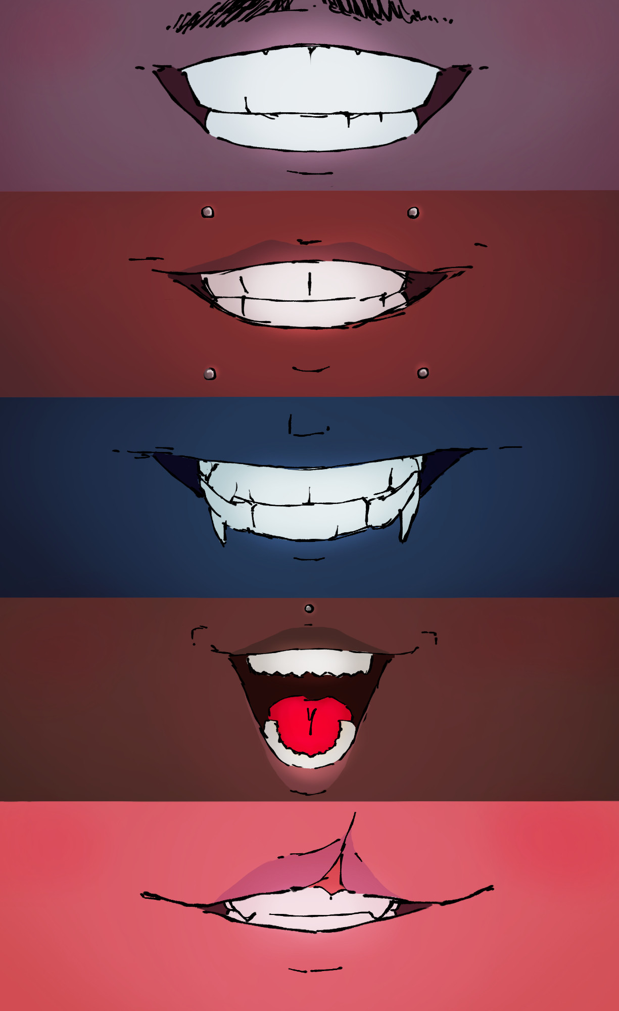 A line up of 5 mouths, in order being: Bert, Nevin, Narinder, Leshy and Heket. They're all showing off their teeth (hence the name of the prompt being teeth), displaying Bert's symmetrical, uncanny smile, Nevin's more genuine smile - along with their mouth piercings, Narinder's downturned smile that shows off his almost tusk-like canines, Leshy's serrated, open-mouthed smile - showing off a bright red tongue and lip piercing - and finally Heket's relaxed smile, a set of regular yet slightly more pronounced canines along with her cleft lip.