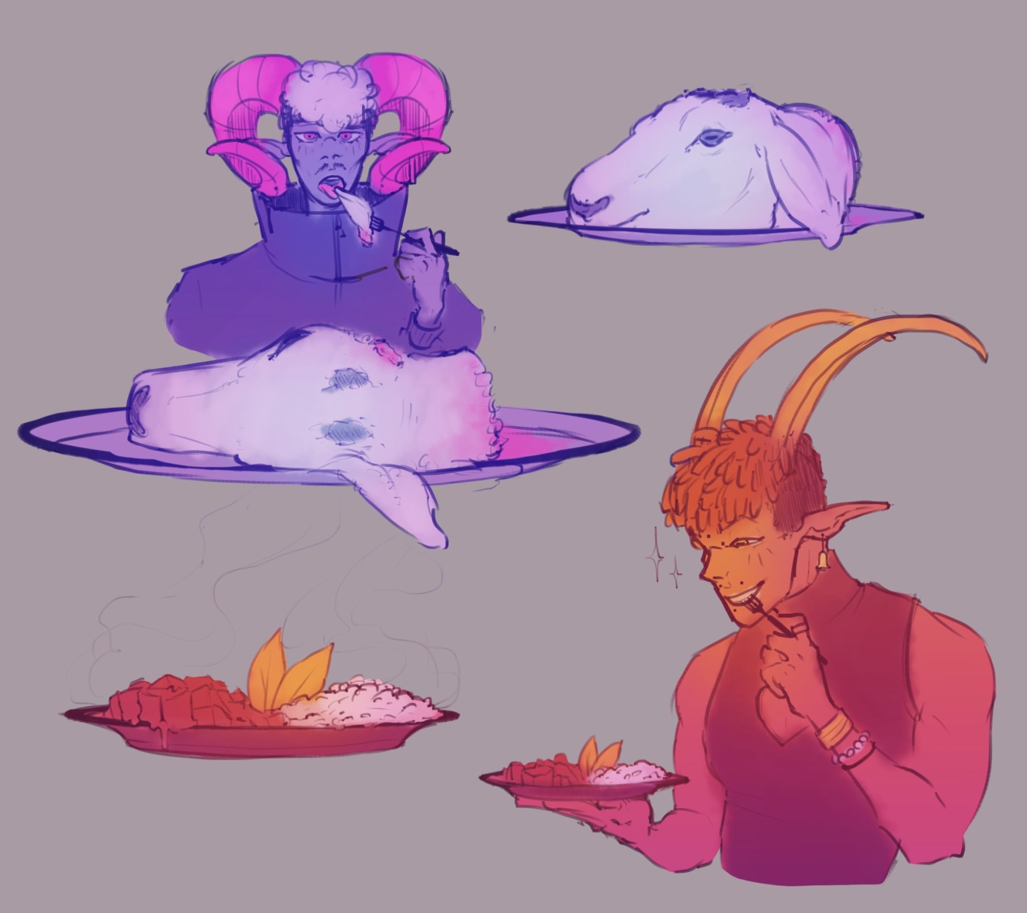 An unbothered looking Bert (coloured in purples and pinks) staring directly into the camera as he puts the tip of a lamb ear to his tongue, about to take a bite. In front of them, on a large platter, is the rest of the lamb's head rolled onto it's side, with one ear hanging off the dish. The lamb's head is cut off at it's neck, a pink tinge around the area suggesting that the cut wasn't clean.

Coloured in reds and oranges - on the bottom right - is Nevin, who is eating a visually more appealing meal (that looks to be made of chunks of meat, rice and two decorative leaves), a glistening look in their face as they fork the food down, blissfully unaware of the possible goat contents.