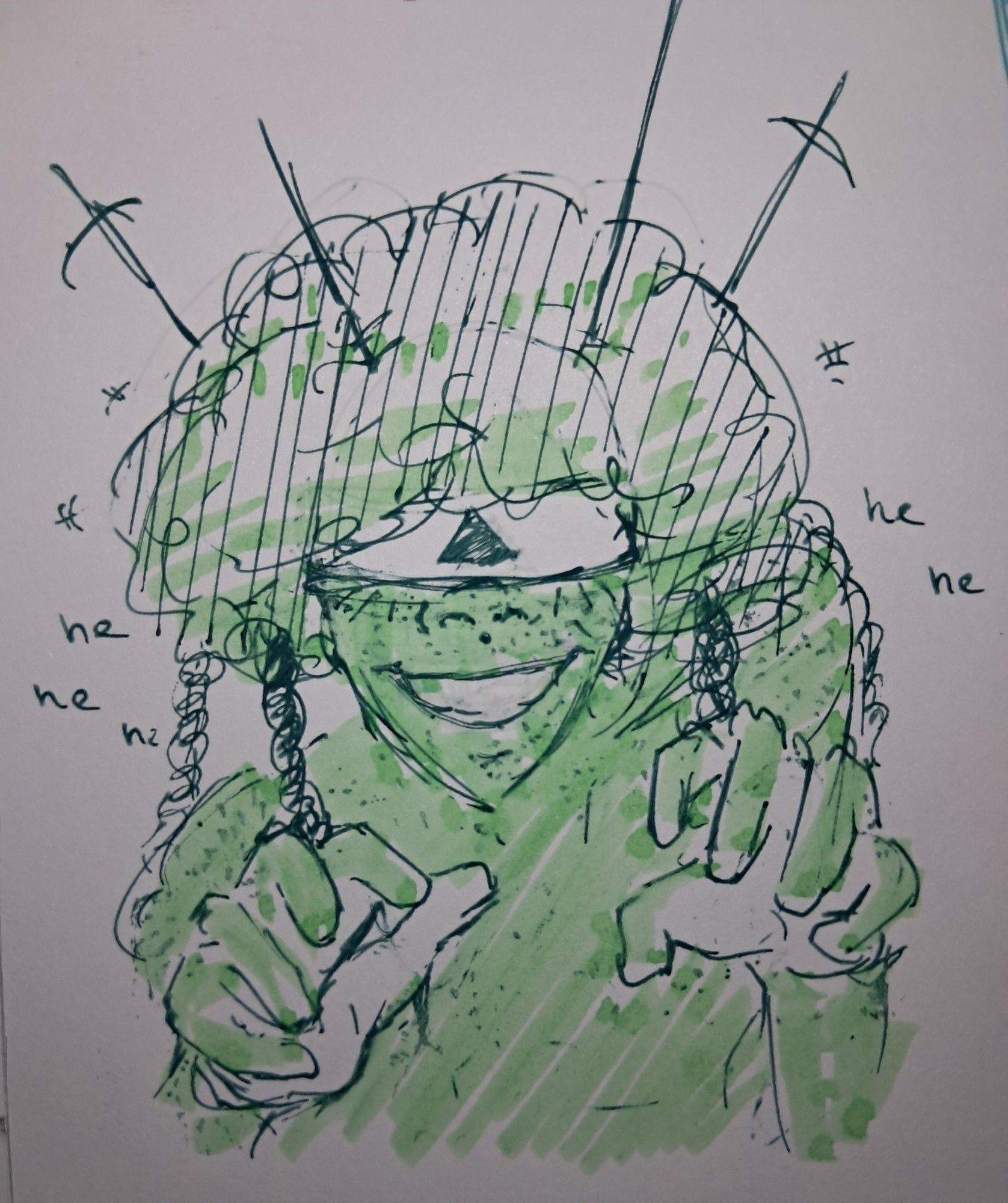 A drawing of Leshy (in green pen and highlighter) giggling to himself as he grins widely, mask pulled over his eyes with his hands raised in a grabby/clawed position, as if he was up to no good. The drawing ends just under his shoulders.