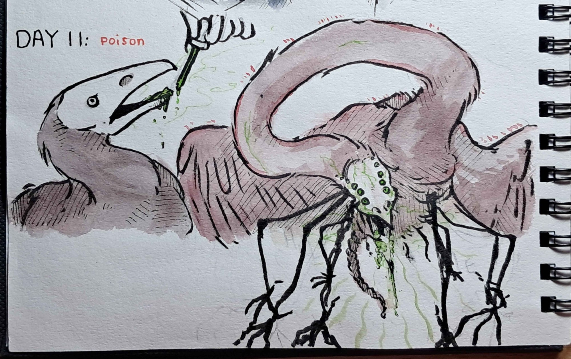 A desaturated paper drawing of Maras being fed poison from a dropper, held by Kallamar's hand (although he is not visible). The next depiction is of Maras as an over 8 legged, long-necked beast, green veins bulging through its skin and foam piling in its mouth. The rest of its body is ribbed, leading to its tail, where the fur almost entirely embraces a bony silhouette.