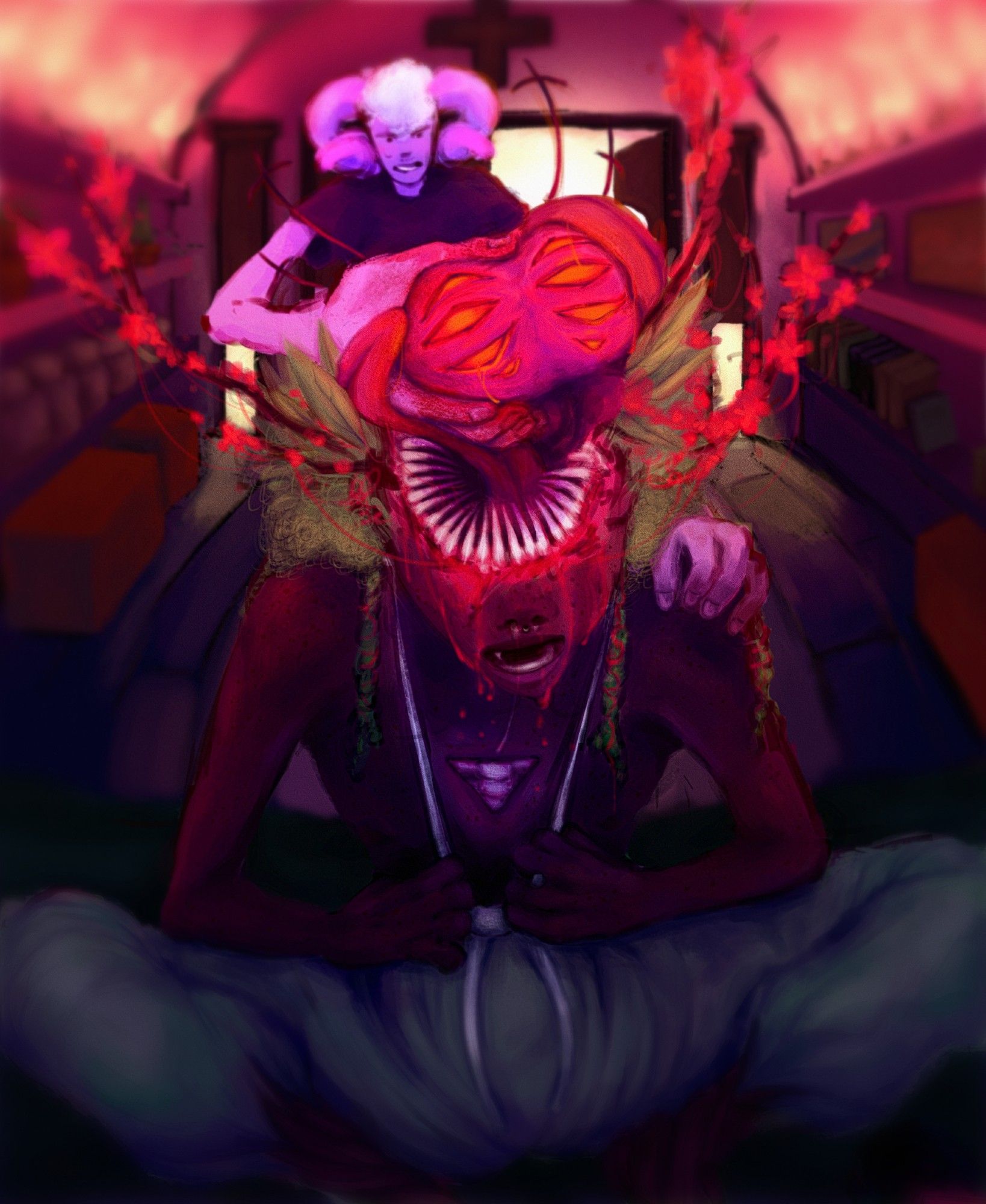 [Trigger Warning for descriptions of blood and body horror.]

A digital painting of Leshy sitting on a soft surface, hunched over, with a sandworm-esque opening from his head. On the other end of the exchange is Bert, who is casually yet nervously trying to remove Leshy's brain from the grasp of a series of tongues, also protruding from the mouth. Leshy looks to be in distress as blood drips down his face, the same blood being connected to the camellias lined along the branches errupting from his head. He has his mask pulled far beneath his face. However, the mouth covers where his eyes previously would've been, and a triangular hole is missing from his chest, revealing part of his ribcage underneath.

In the background, a cross-shaped window in the room signifies that they're in some sort of hospital or healing facility and the walls are covered in rows of shelves filled with various jars, plants, books and candles (they are the only light source in the room, apart from the windows).