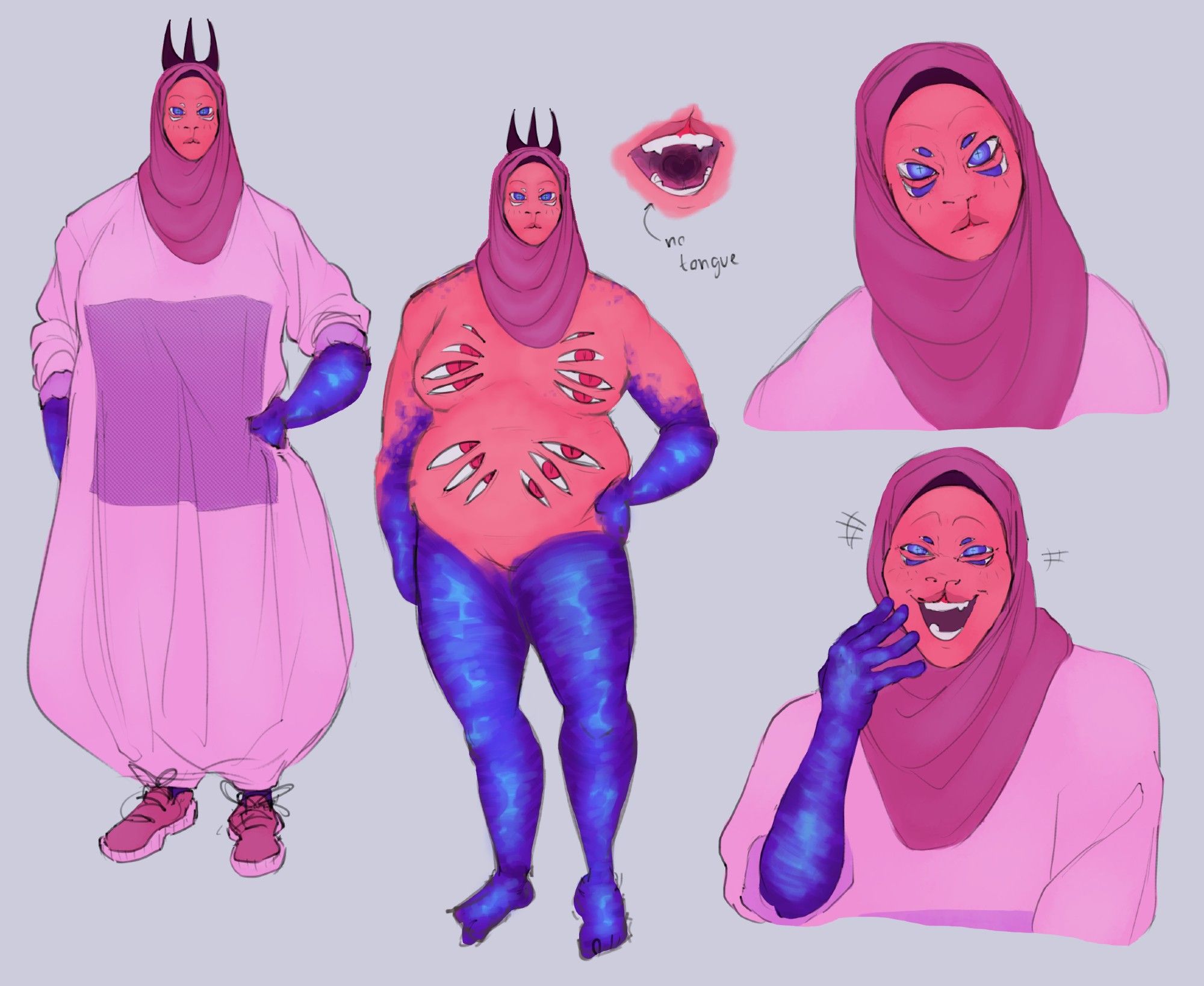 A reference sheet of Heket, with two full bodies and two bust shots. On the left, she is drawn in a full robe that reaches down to her ankles and a hijab, on top og which sits a crown. Beside that is an undressed full body, just for the purpose of reference, which reveals more of the blue, iridescent skin along her arms and legs, and also 14 sets of eyes across her chest and stomach. A small diagram shows that she has no tongue. The two bust shots consist of a close-up on her face and a drawing of her laughing with a hand to her face. She is coloured in various shades of pink, a slight offset from the original, in game, design with spots of blue in her eyes and skin.