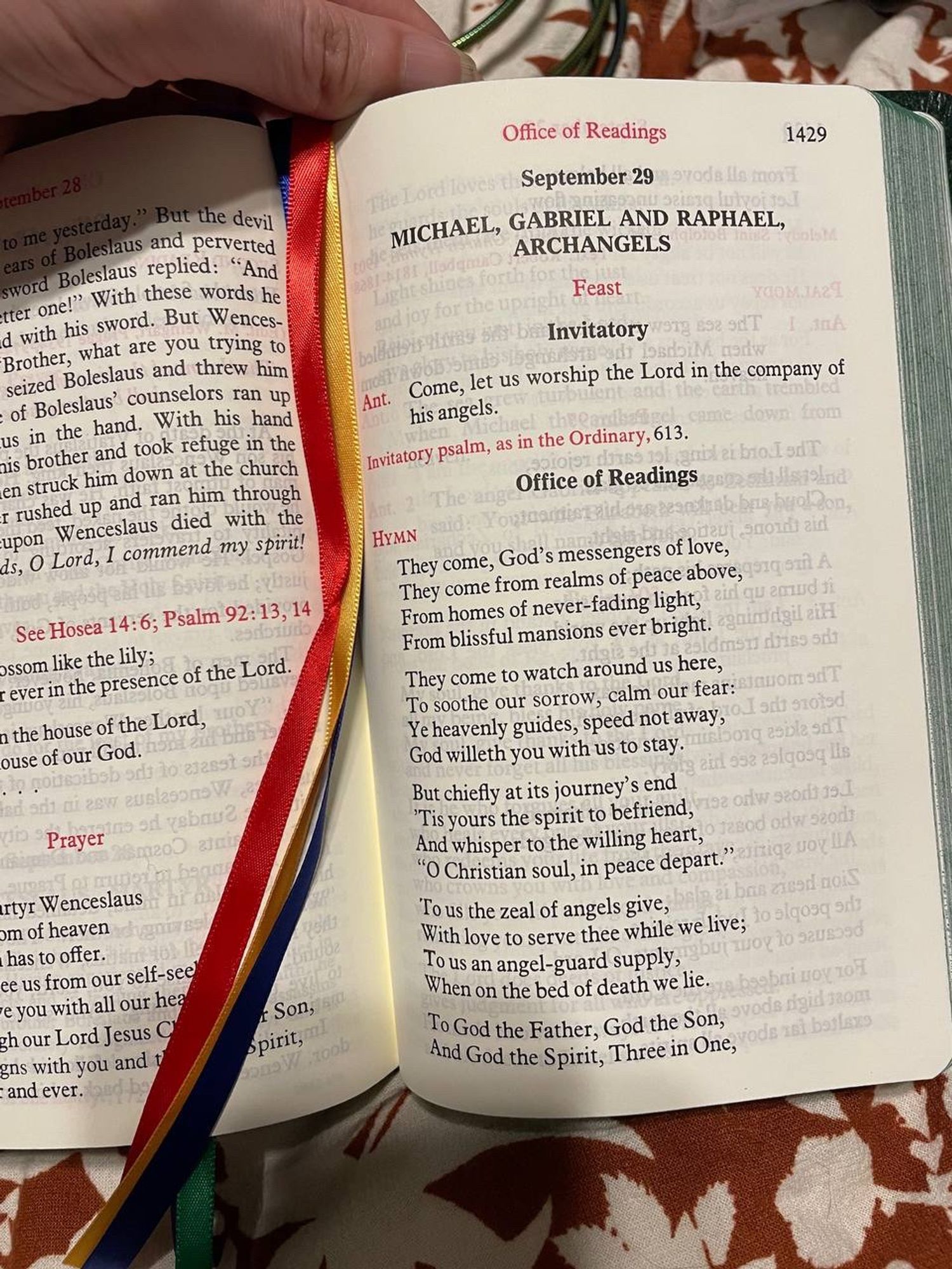 Green Ordinary Time Liturgy of the Hours book for Catholic prayer. Flipped to September 29th for the archangel feast day. Often called “Micaelmas” as in Mass for Michael just like “Marymas” is mass for mary and “Christmas” is mass for guess who