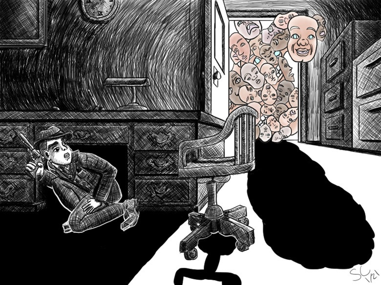 A pencil sketch of Detective Charlie Wilde crouched behind his desk. A creature made of stolen faces looms in the doorway.