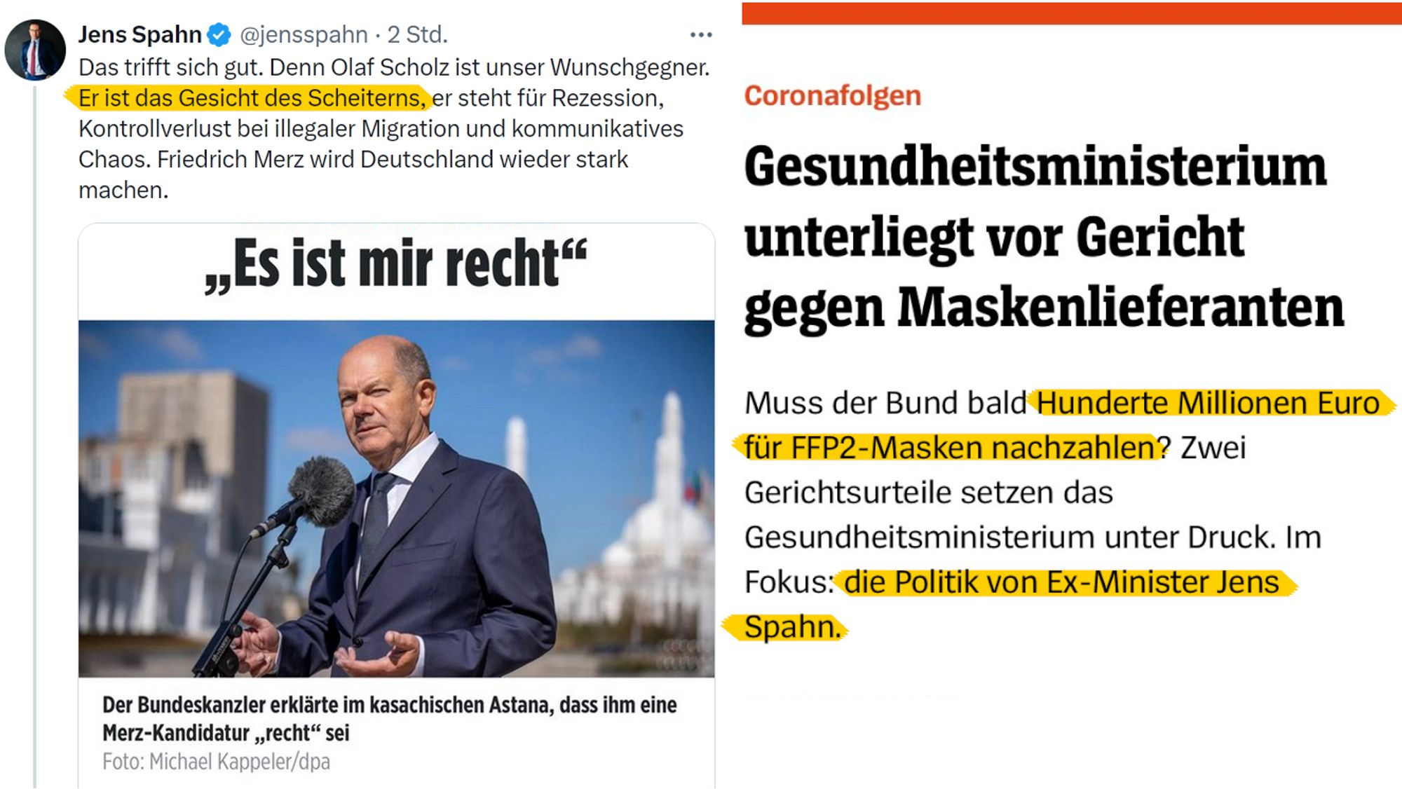 Jens Spahn auf X:

Jens Spahn
@jensspahn
Das trifft sich gut. Denn Olaf Scholz ist unser Wunschgegner. Er ist das Gesicht des Scheiterns, er steht für Rezession, Kontrollverlust bei illegaler Migration und kommunikatives Chaos. Friedrich Merz wird Deutschland wieder stark machen.