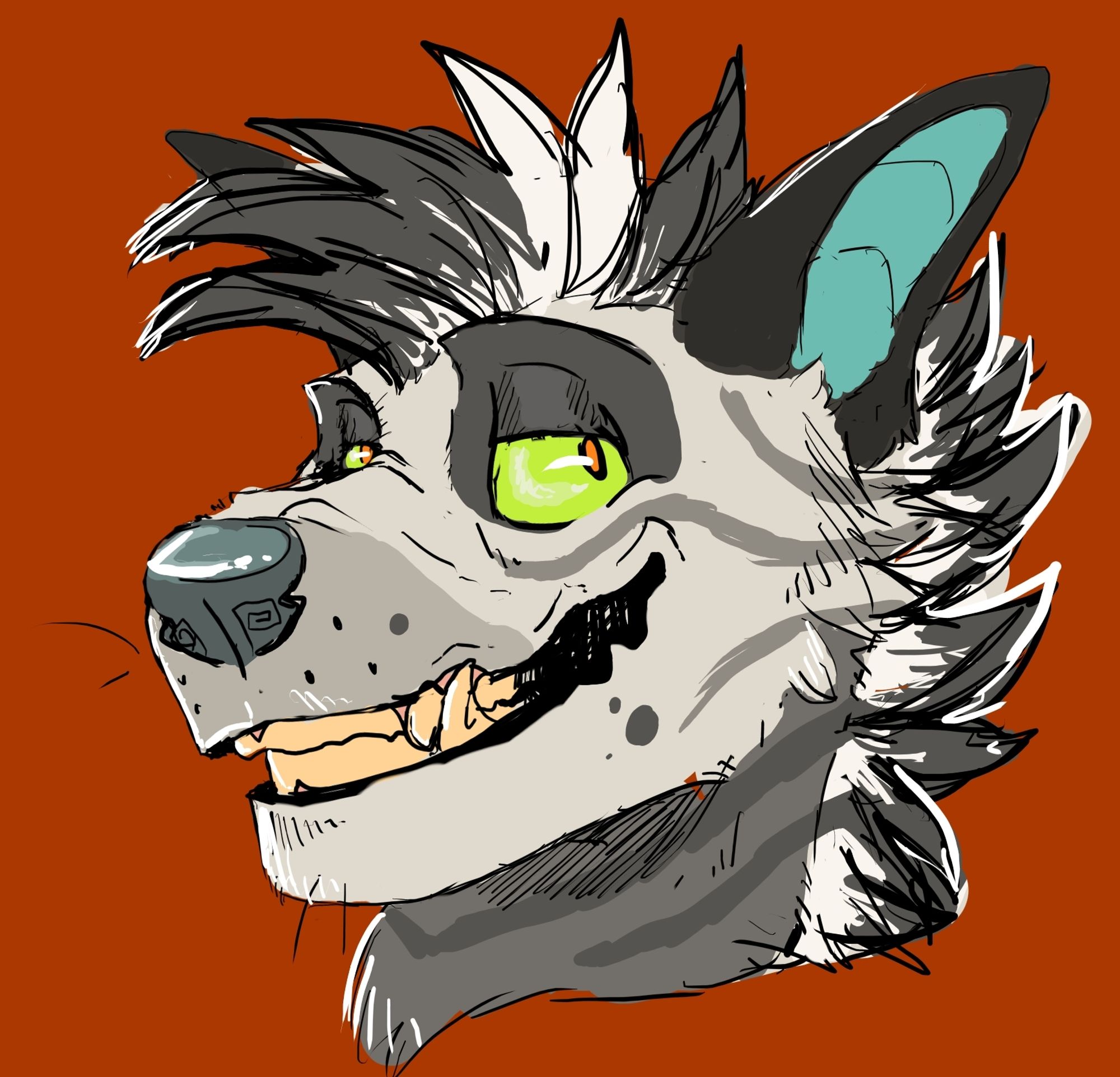 Drawing of a cartoon striped hyena with a smug smirk on his face