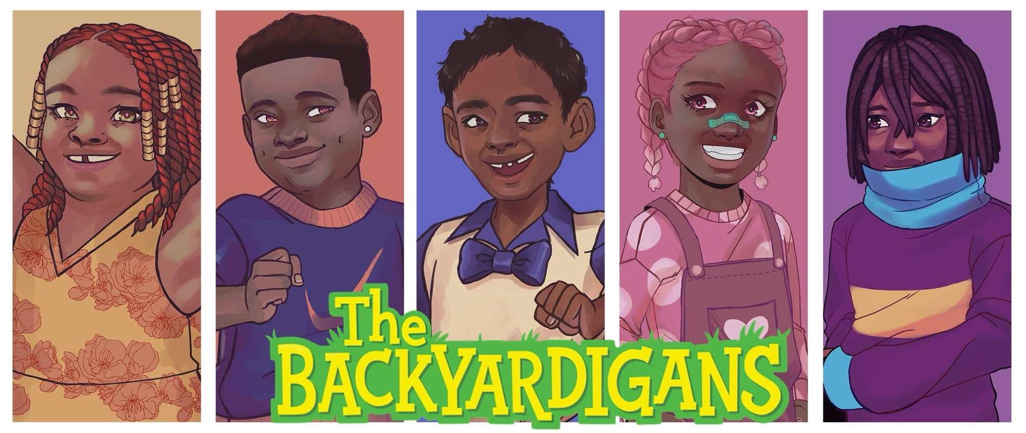 A picture of the humanized versions of how thr artist interprets the backyardigans (from left to right): Tasha, Tyrone, Pablo, Uniqua and Austin. 