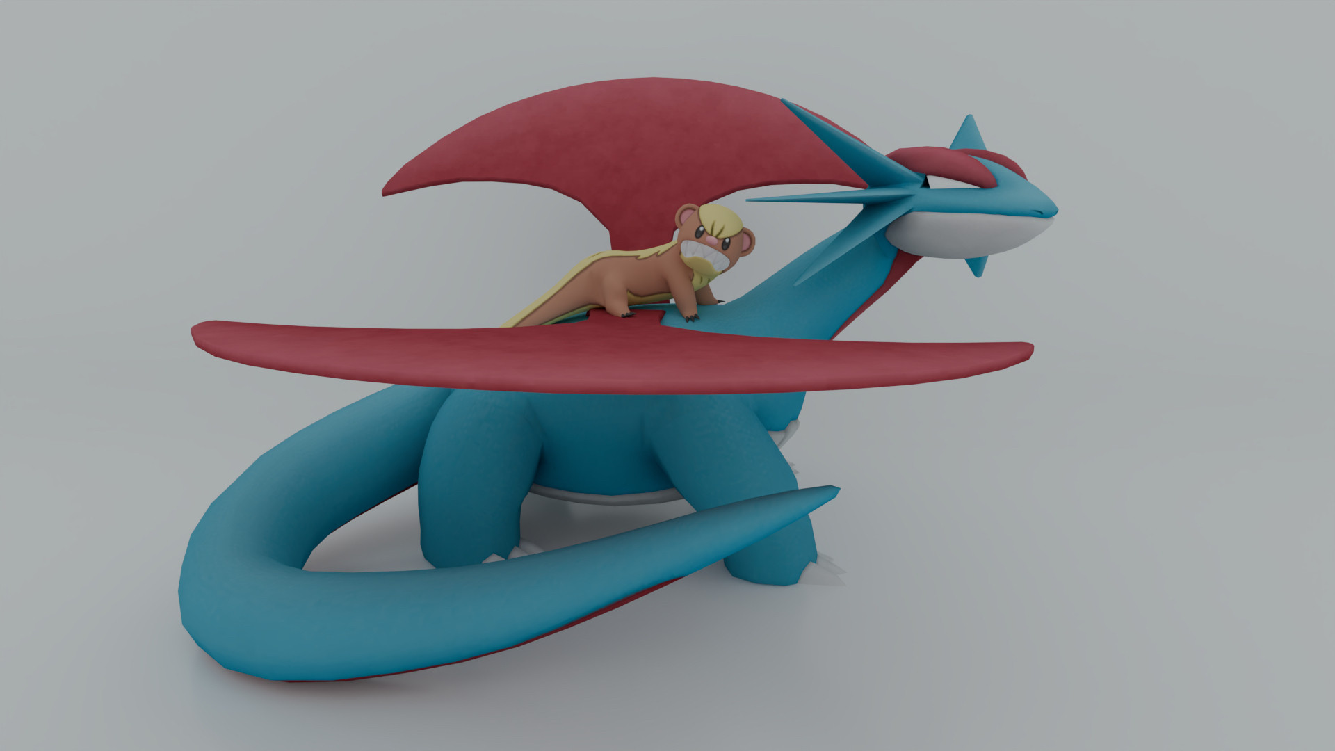 Two Pokémon, Salamence and Yungoos. Yungoos is standing on Salamence’s back. The background is solid white.