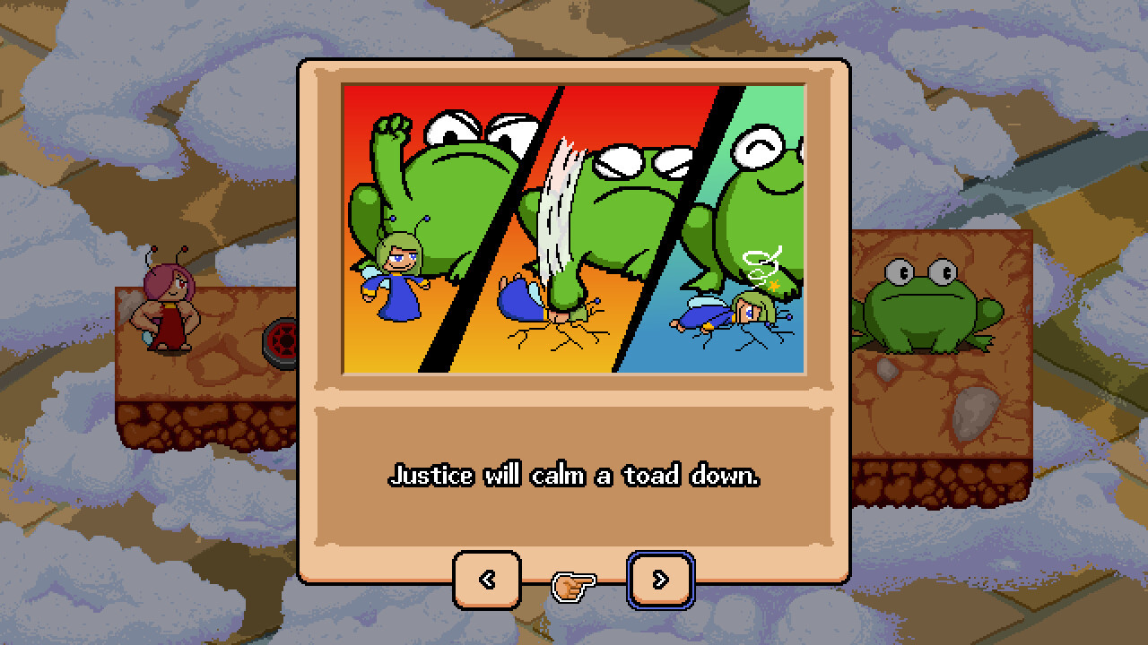 Screenshot from the game Poke All Toads. A dialog box show a toad smacking a fairy into the ground, with the caption "Justice will calm a toad down."