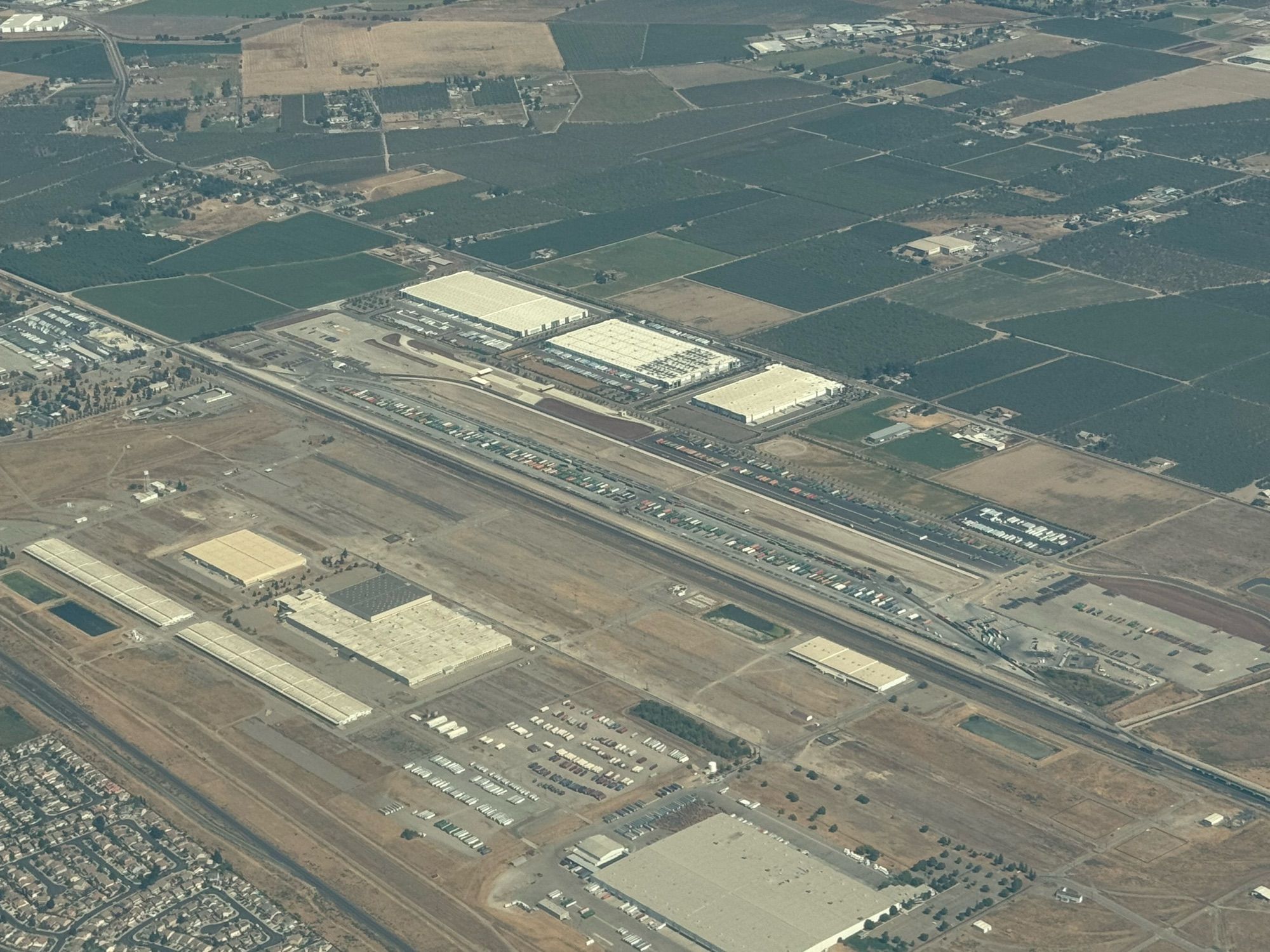 An aerial photograph of the Union Pacific rail terminal in Lathrop, CA.